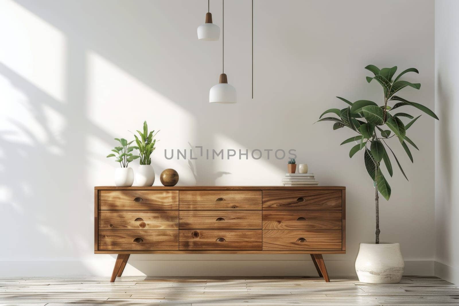 A white room featuring a wooden dresser, adorned with potted plants. The dresser stands against the wall, displaying a variety of succulents and greenery. The room is bright, with natural light enhancing the green plants colors.