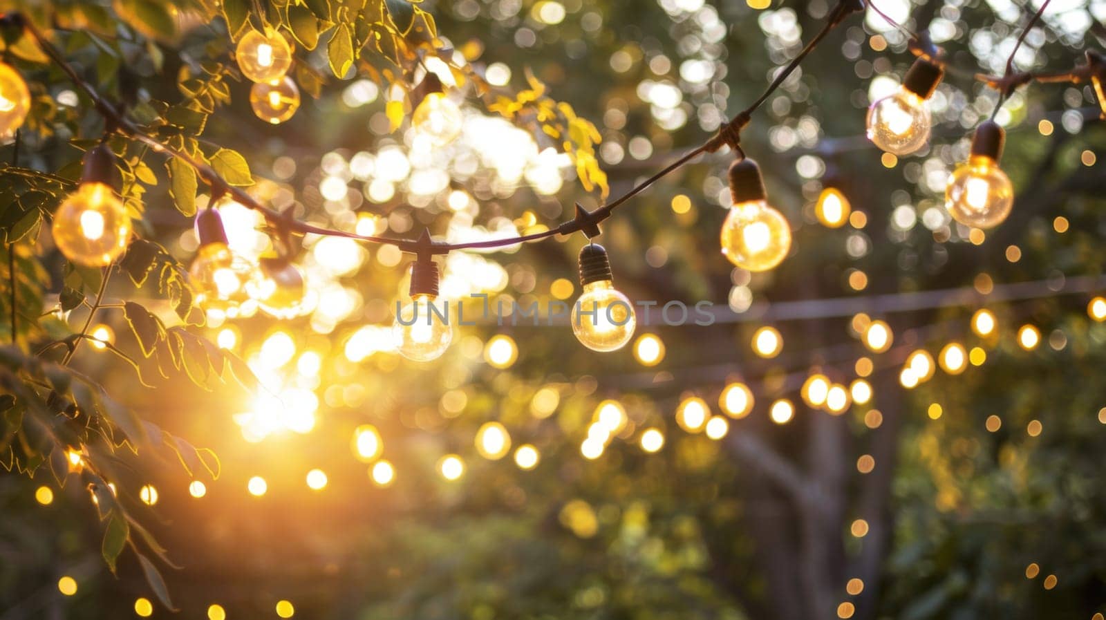 A string of lights is suspended from a tree, creating a festive and illuminated atmosphere. The lights dangle from the branches, casting a warm glow in the surrounding area.