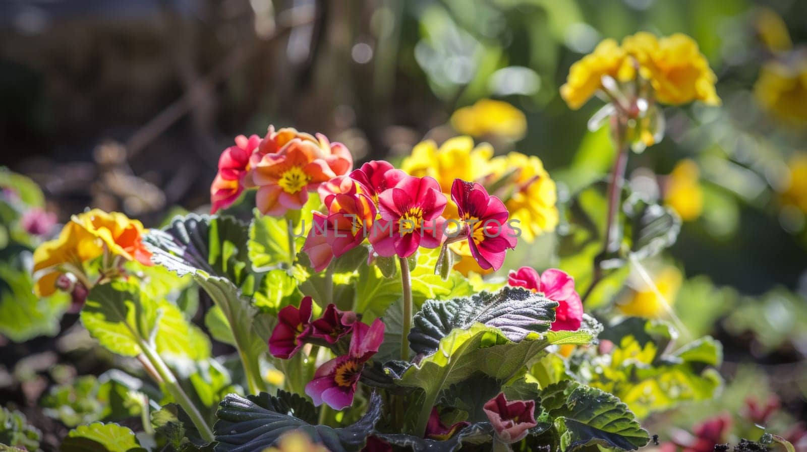 Several colorful flowers emerging from the soil in a clustered arrangement. The flowers are varying in size and color, adding a vibrant contrast to the brown dirt they are growing in.