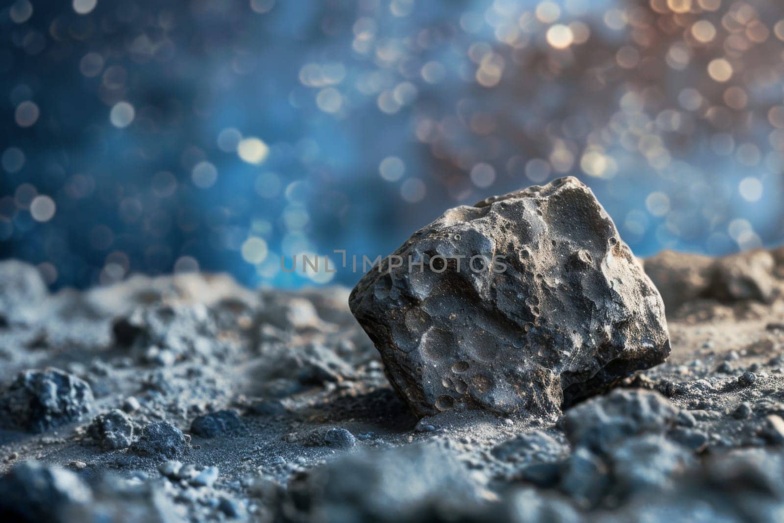 A single rock sits perched atop the golden sandy beach. The rock stands out against the grains of sand, stark and solid in its position. The beach stretches out, with gentle waves lapping at the shore.