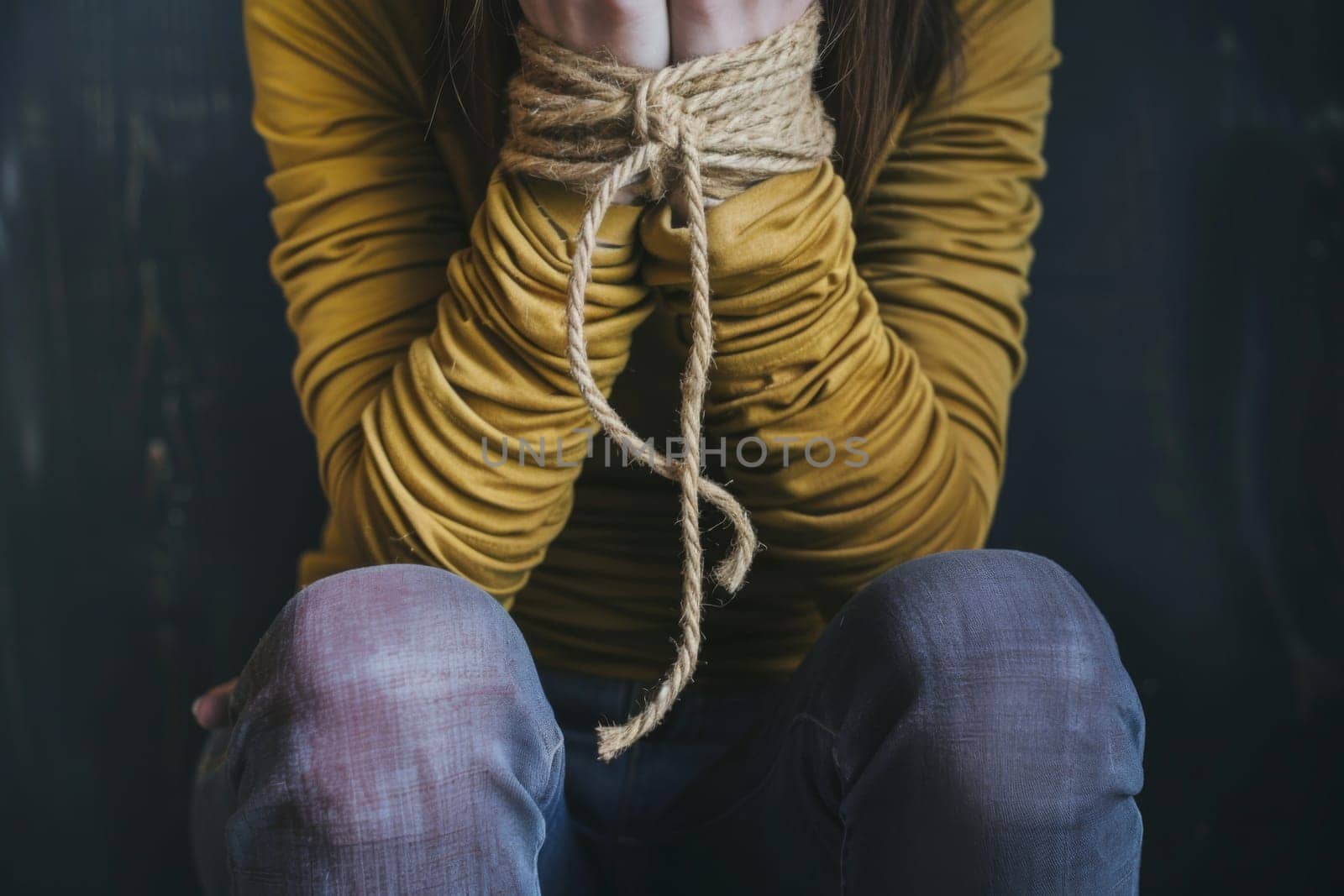 A woman with her hands bound and raised up to her face in a gesture of distress or helplessness. She appears to be in a vulnerable position, possibly a victim of restraint or captivity.