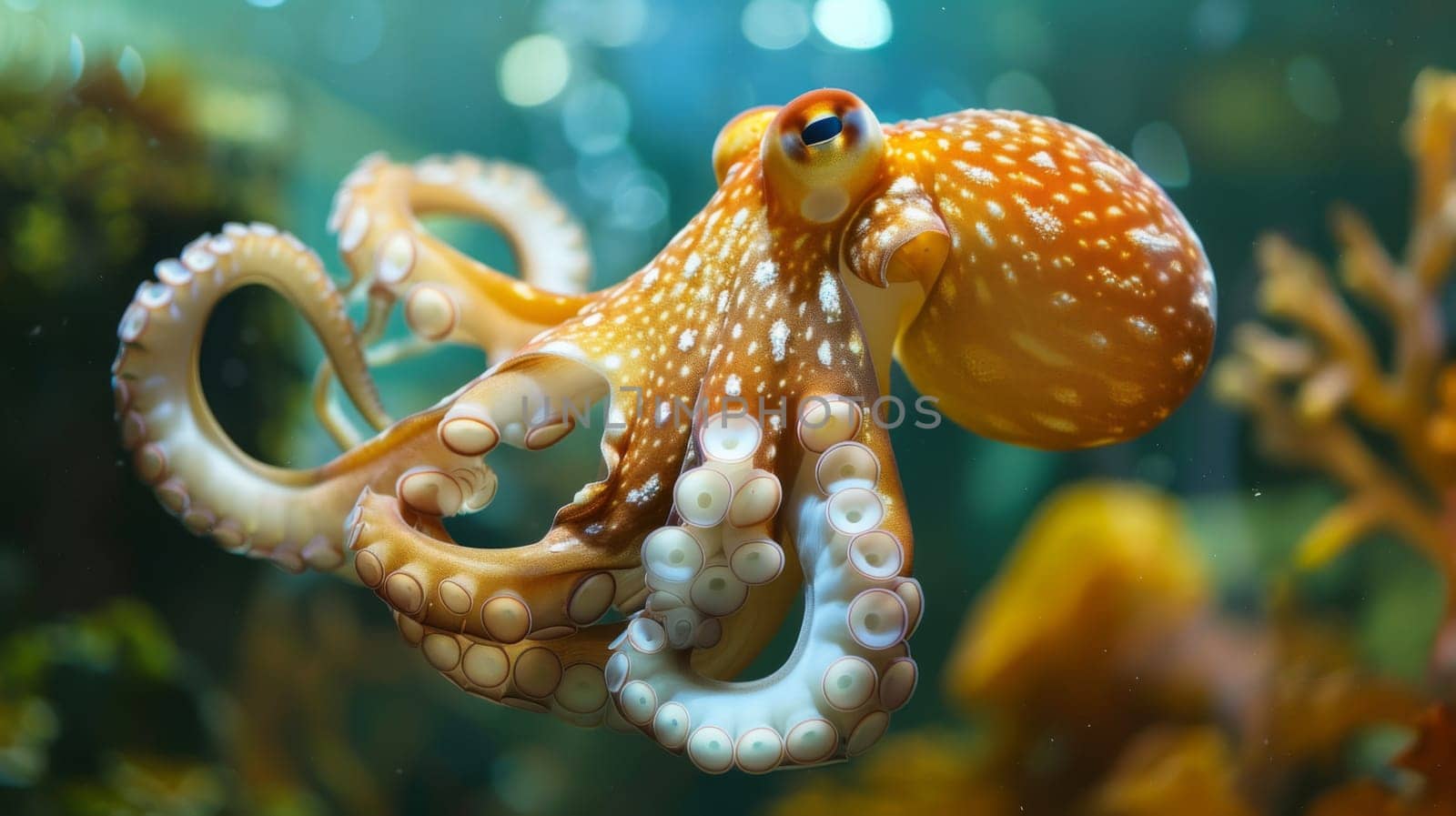 An octopus is seen up close in an aquarium, showcasing its tentacles and intricate features. The octopus moves gracefully in the water, revealing its camouflage abilities and intelligence.
