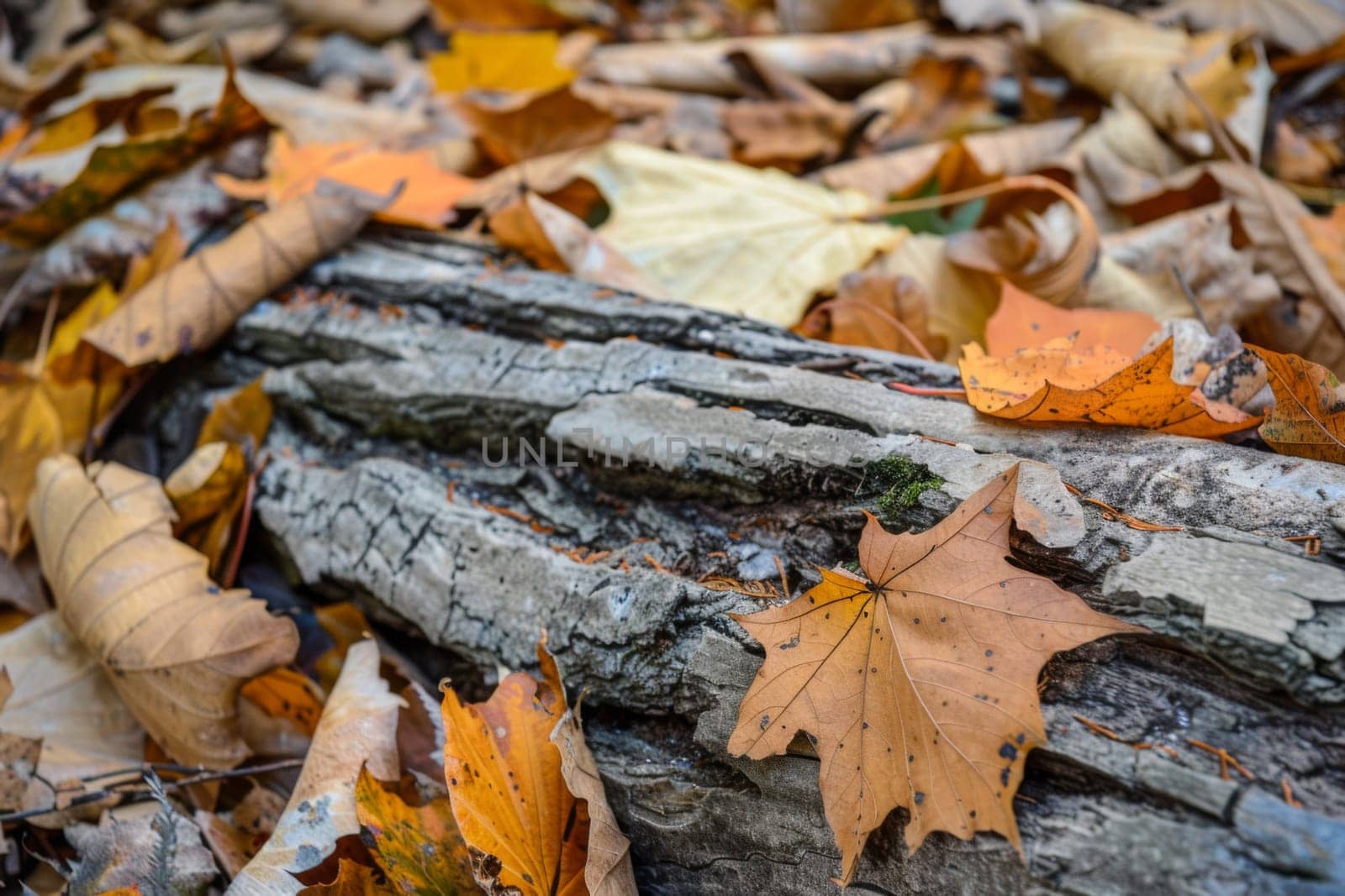 A fallen leaf rests on a log in the woods, surrounded by moss-covered trees and a carpet of dried leaves. The leaf appears brown and crumpled, contrasting with the rough texture of the log.