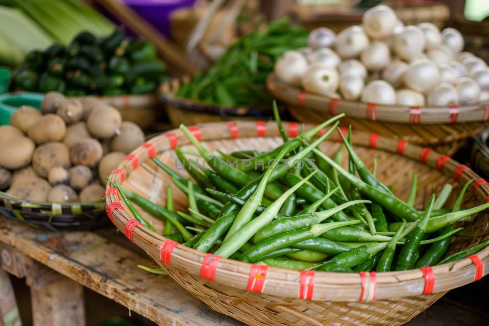 Several baskets filled with green beans and assorted vegetables are neatly arranged on a wooden table. The vibrant colors and textures of the fresh produce create an inviting display.