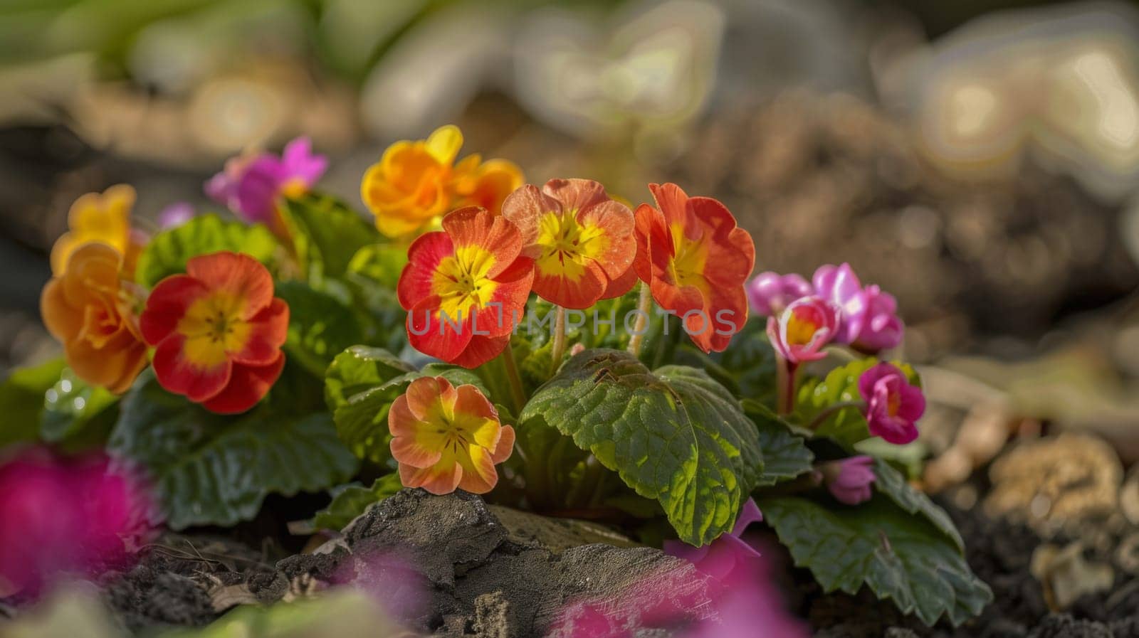 A cluster of various flowers, including daisies, tulips, and daffodils, are blooming in the brown soil. The vibrant petals contrast with the earthy tones of the dirt, creating a colorful scene in nature.