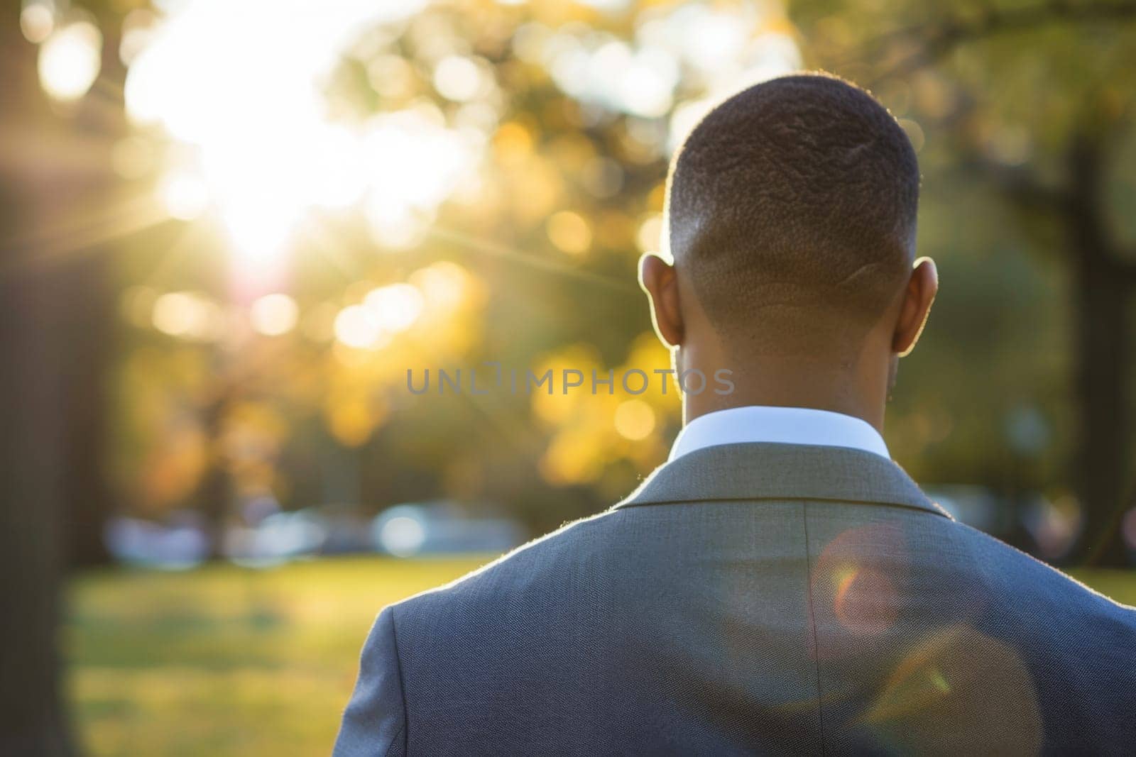 A man dressed in a formal suit is standing in a park. He appears to be observing his surroundings. The park is filled with trees and greenery, creating a natural backdrop.