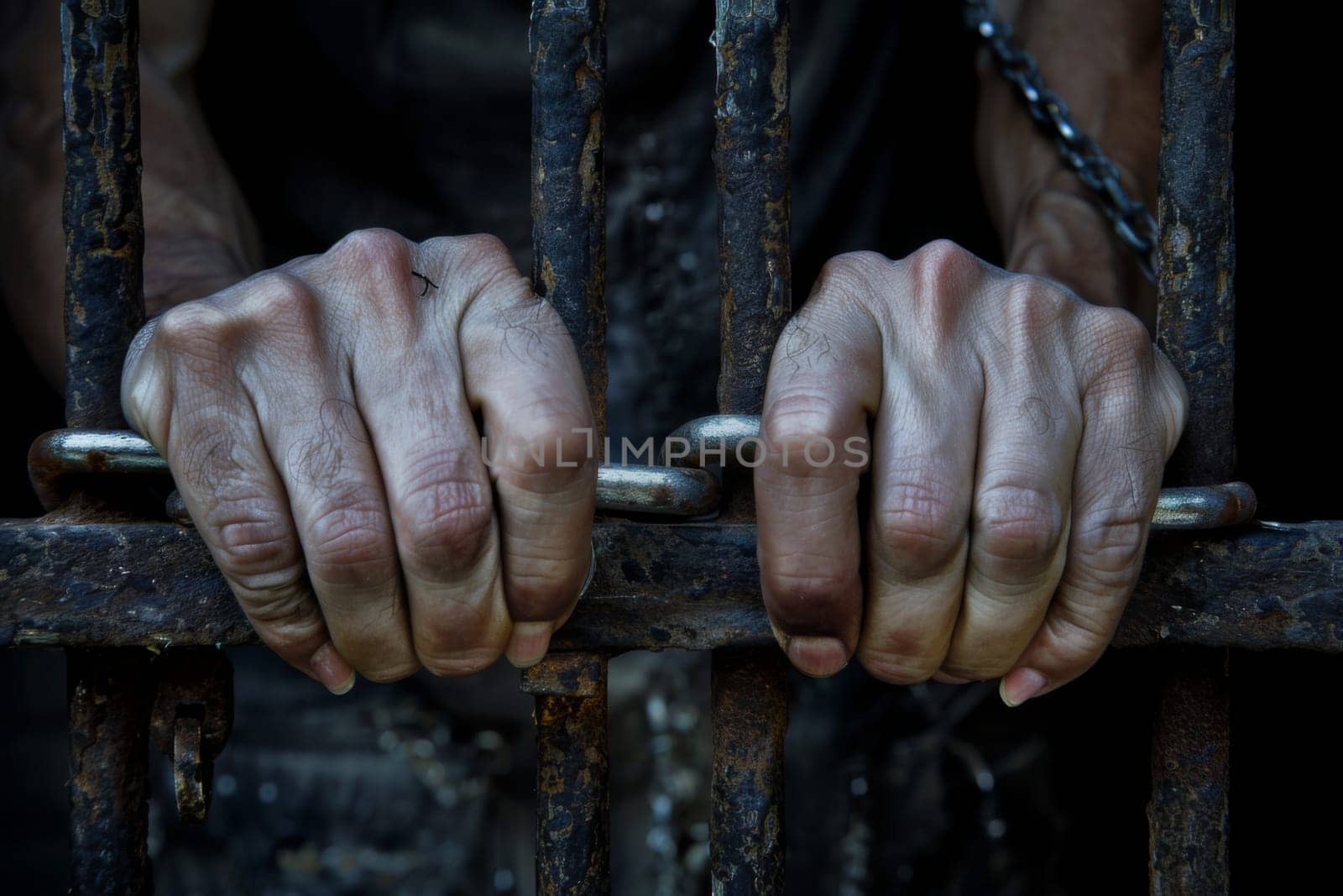A close-up view of a persons hands firmly holding onto a metal chain, showing strength and determination. The hands exhibit tension as they grip the links tightly, emphasizing a sense of resilience and perseverance.