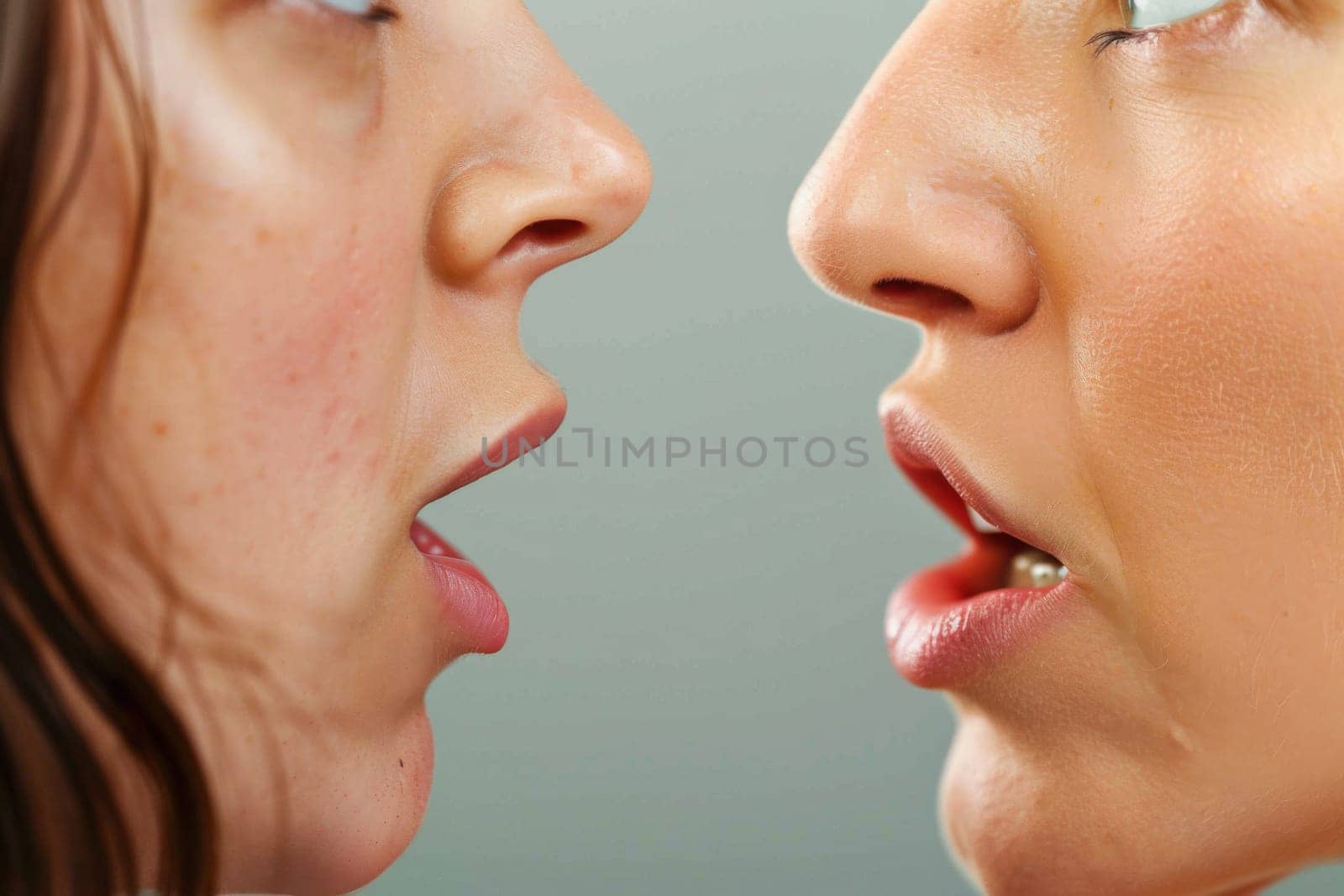 Two women are close to the camera, contorting their faces in humorous expressions. They are playfully engaging with each other, creating a fun and lively atmosphere.