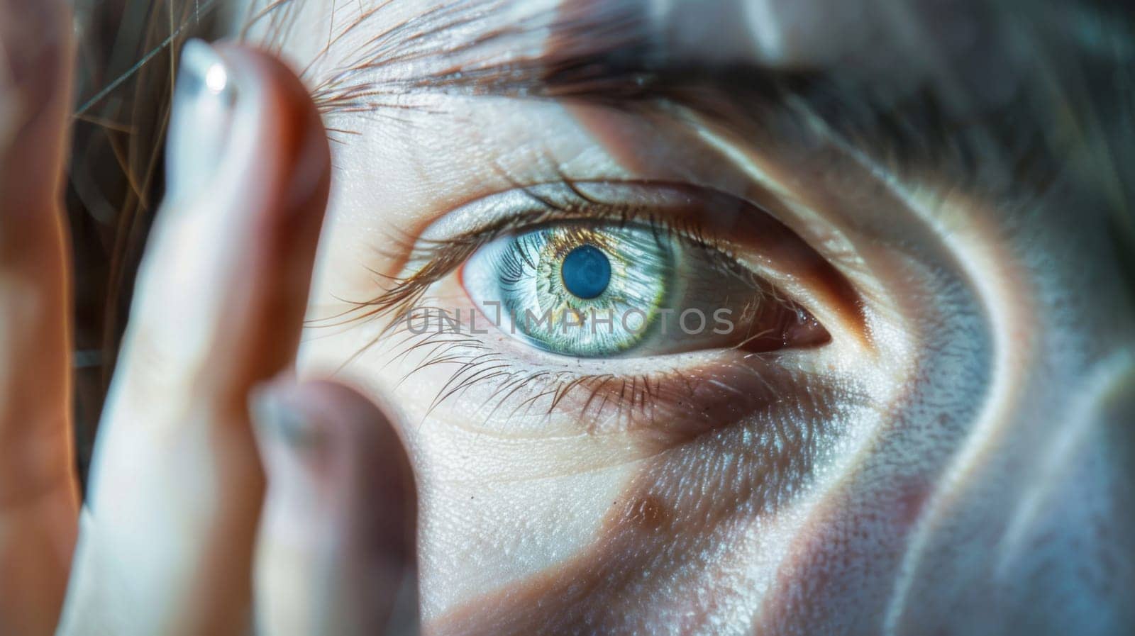 A detailed close-up view of a human eye with striking blue iris and intricate details of the surrounding skin and eyelashes.