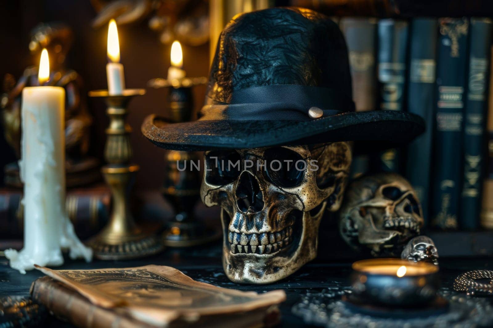 A skull wearing a hat is placed next to a burning candle on a wooden table. The candle emits a soft glow, illuminating the eerie scene.