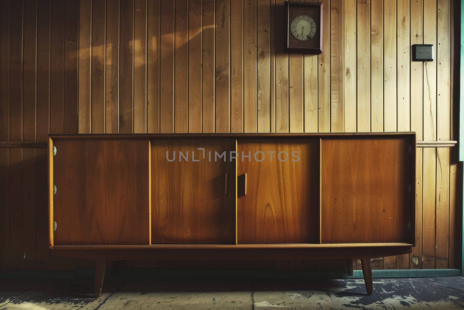 A wooden cabinet is positioned in front of a wooden wall, creating a rustic and functional display in a room. The cabinets design complements the walls wood grain, adding warmth to the space.