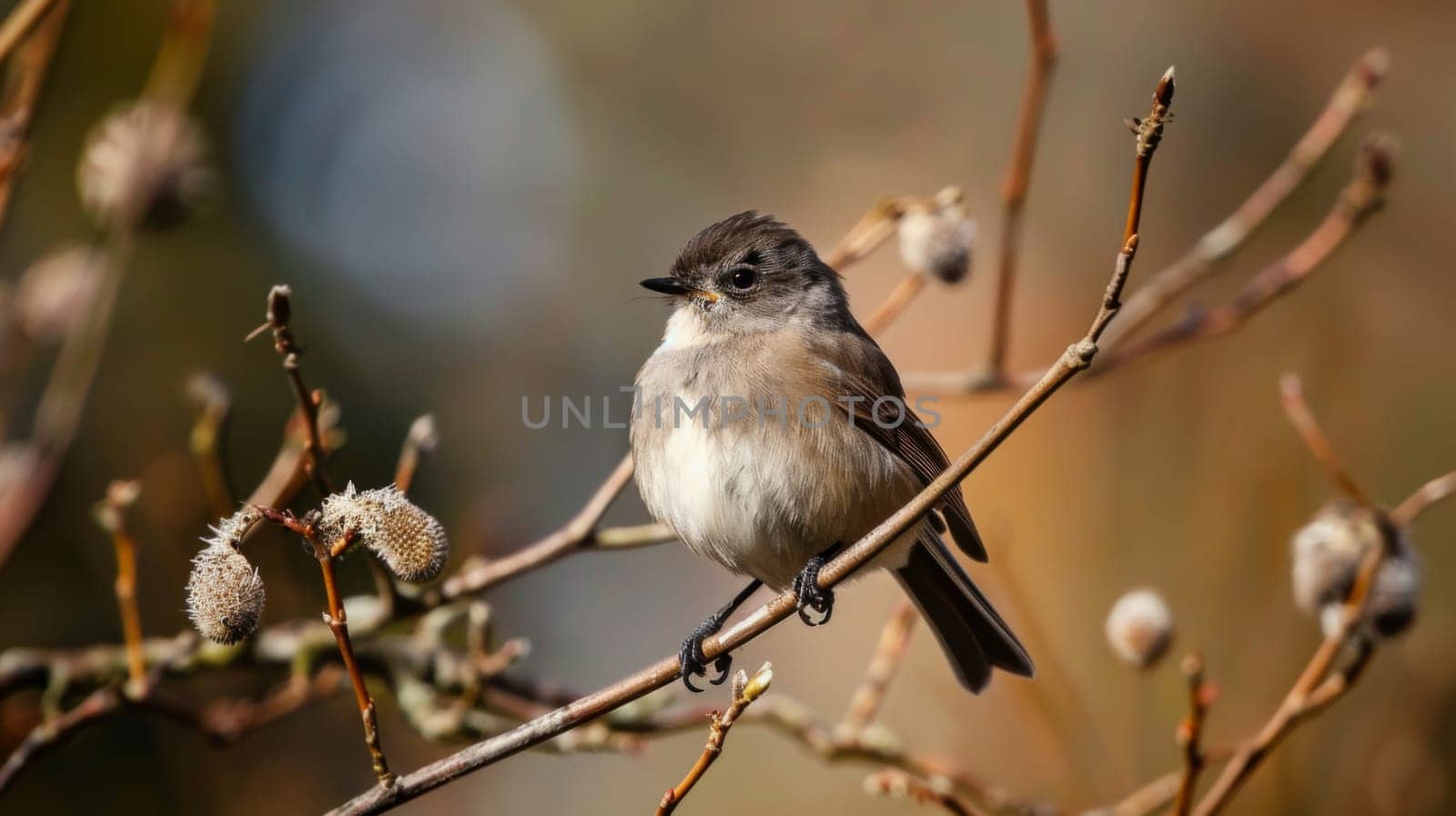 A small bird is perched on a branch of a tree, with its feathers ruffled by a gentle breeze. The bird appears alert, with its beady eyes scanning the surroundings for potential threats or food. The branch shows signs of wear, indicating it has been a favorite resting spot for the bird.