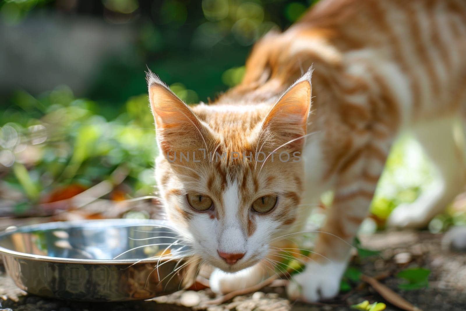 An orange and white cat is shown eating food out of a metal bowl. The cats fur is vibrant orange and white, and it is focused on consuming its meal.