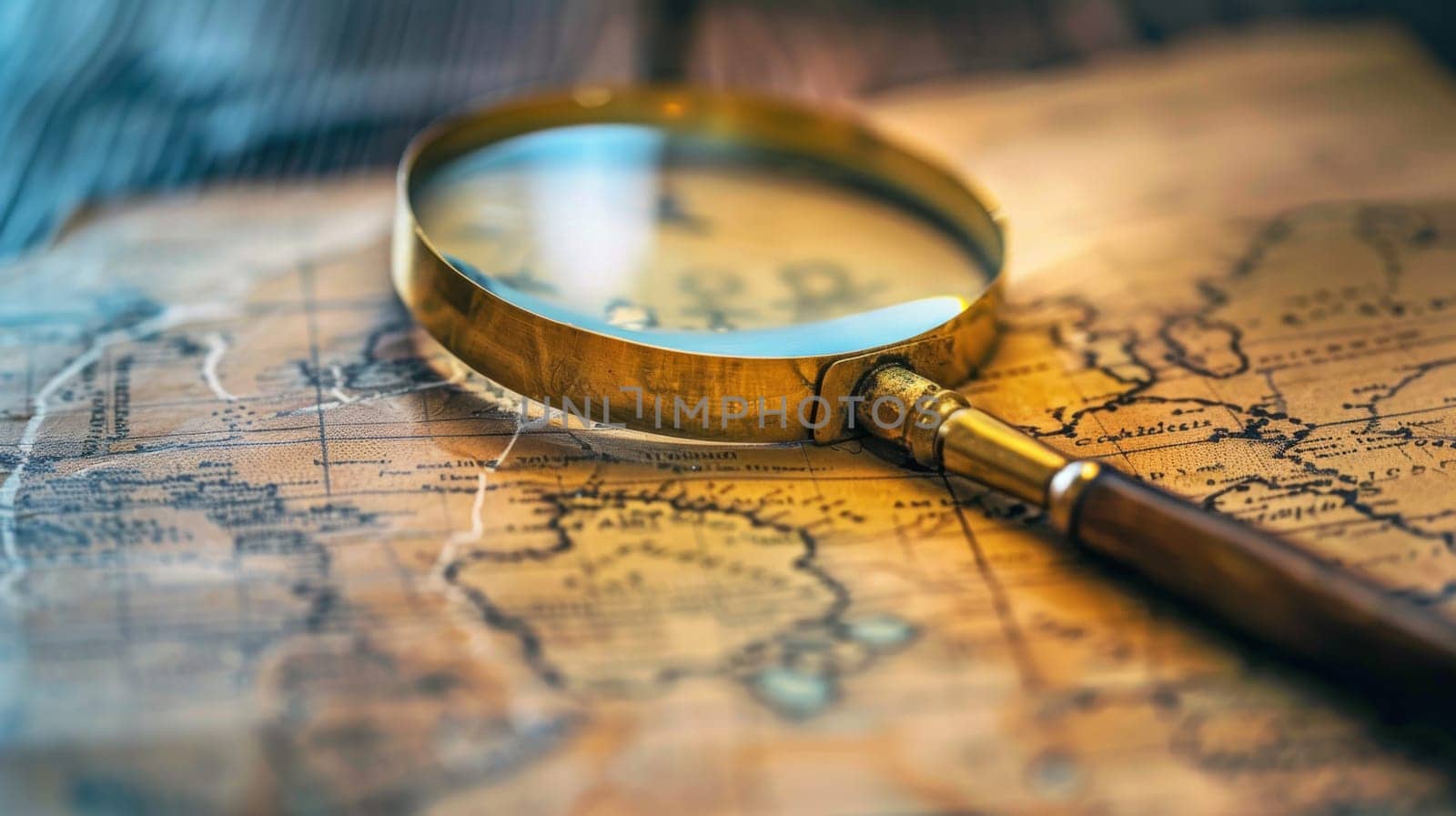 A magnifying glass is placed on top of a detailed map, possibly indicating a search for a specific location or route. The map shows intricate geographical details such as boundaries, cities, and landmarks.