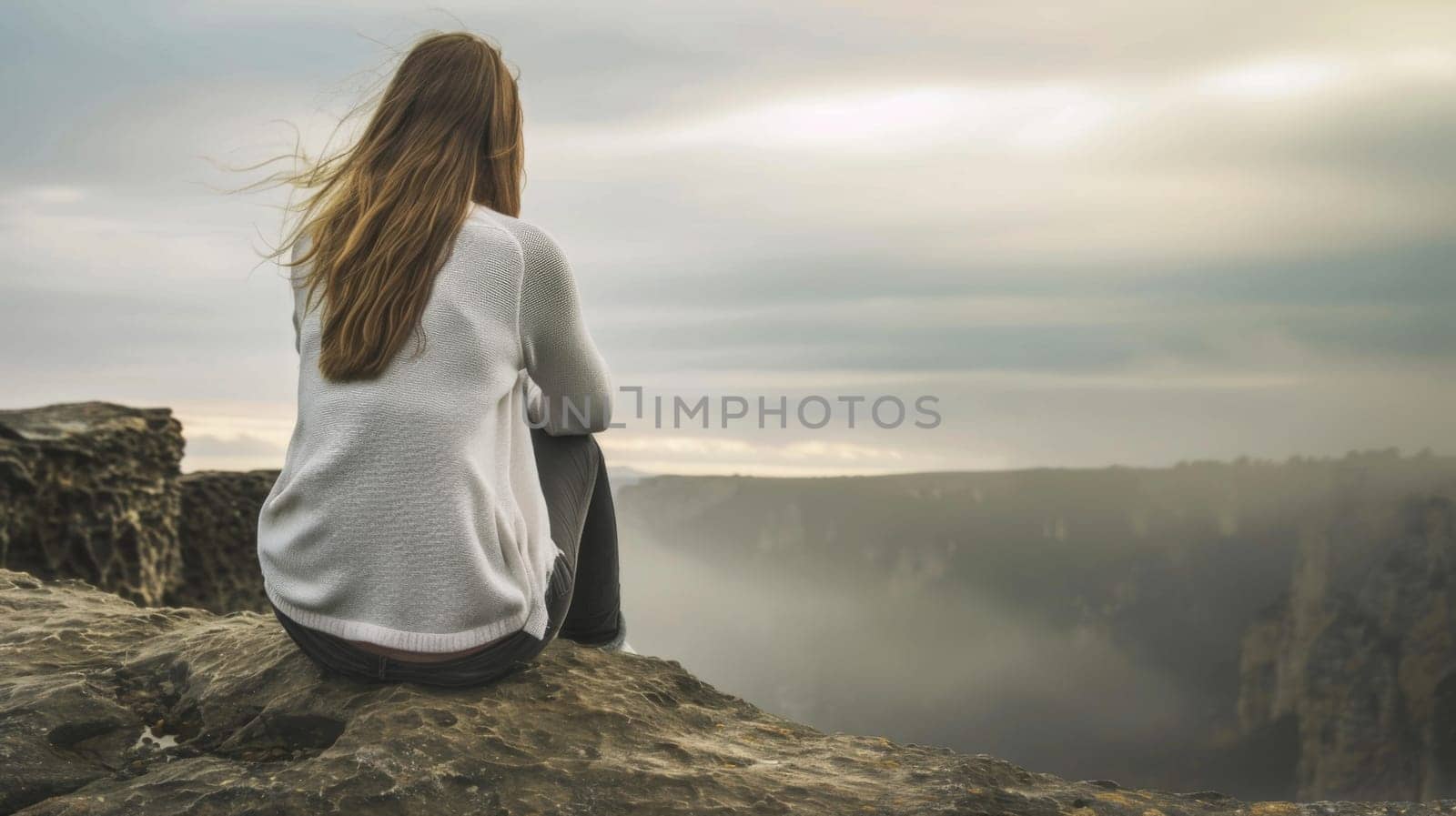 A woman is perched on the edge of a cliff, looking out over a vast valley below. She seems contemplative as she takes in the expansive view of the surrounding landscape.