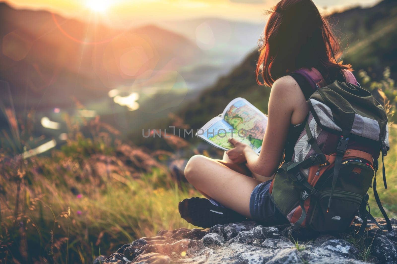 A woman wearing outdoor gear, sitting on a large rock while examining a map in her hands. She appears focused and engaged in navigating her surroundings.