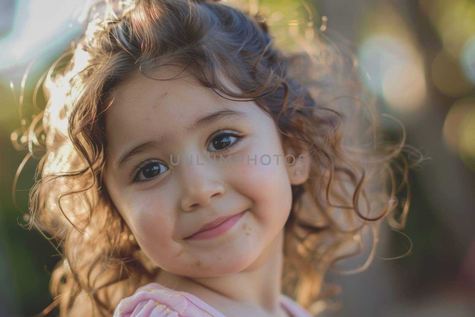 A close-up view capturing the features of a childs face with curly hair. The childs hair is shaped in natural curls, framing their face. Details of their eyes, nose, and mouth are clearly visible.