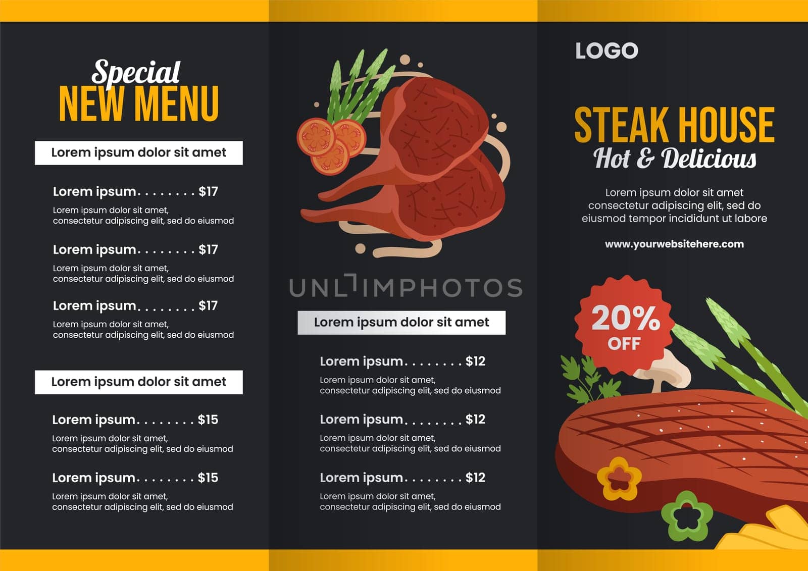 Steakhouse Brochure Flat Cartoon Hand Drawn Templates Background Illustration