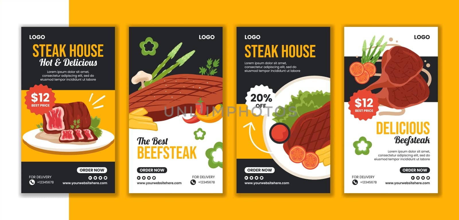 Steakhouse Social Media Stories Flat Cartoon Hand Drawn Templates Background Illustration