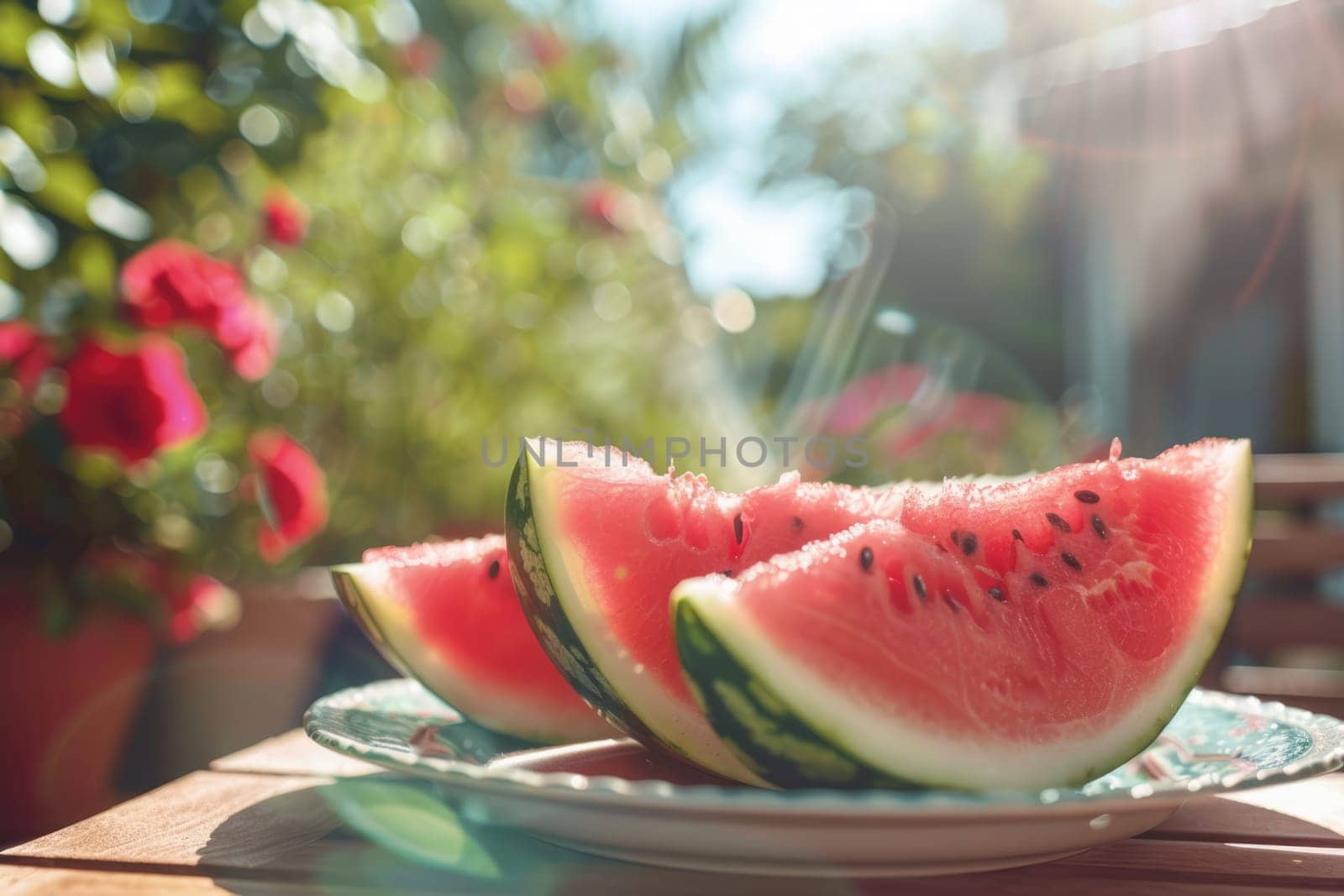 Slices of watermelon on the table on patio. AI Generated.