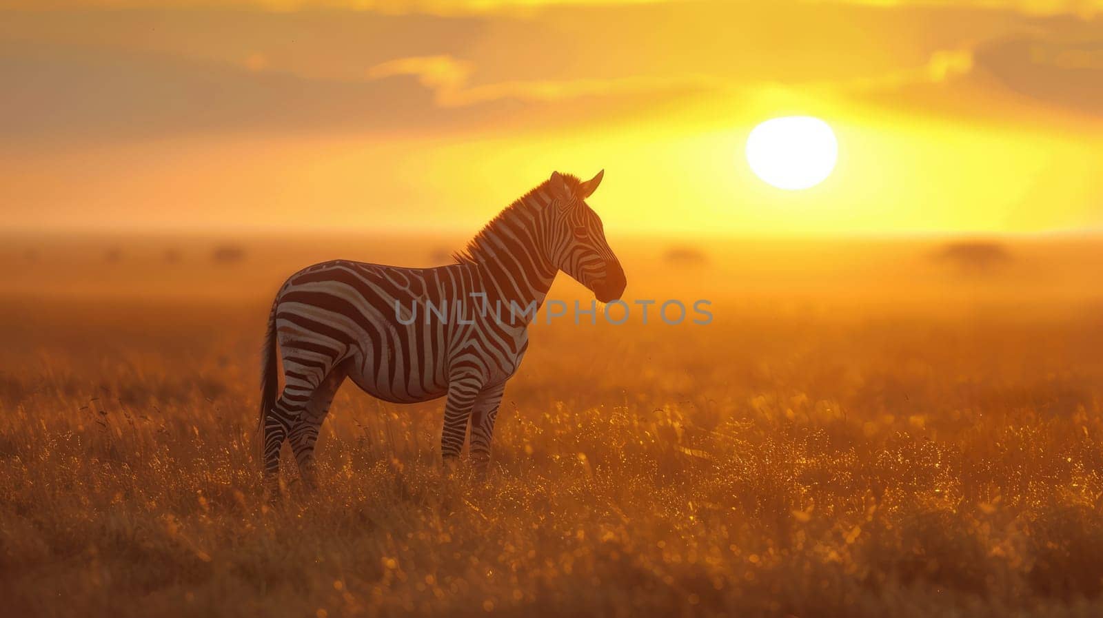 Zebra in the grassy nature habitat in savannah at sunset. AI Generated.