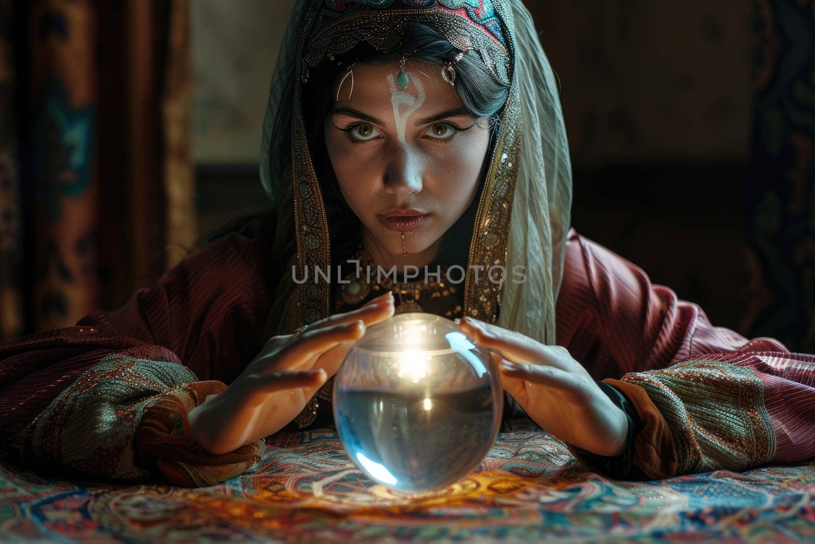 Charming gypsy female fortune teller guessing future at the table with magic crystal ball. Mysterious ambience. AI Generated.