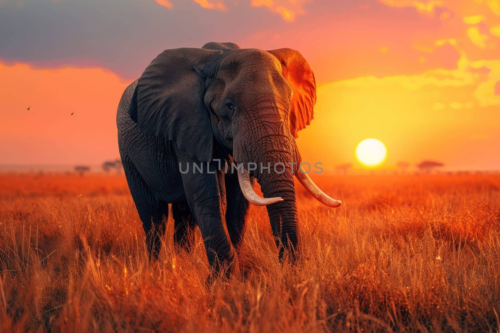 Elephant in grasslands in Africa at sunset. AI Generated.