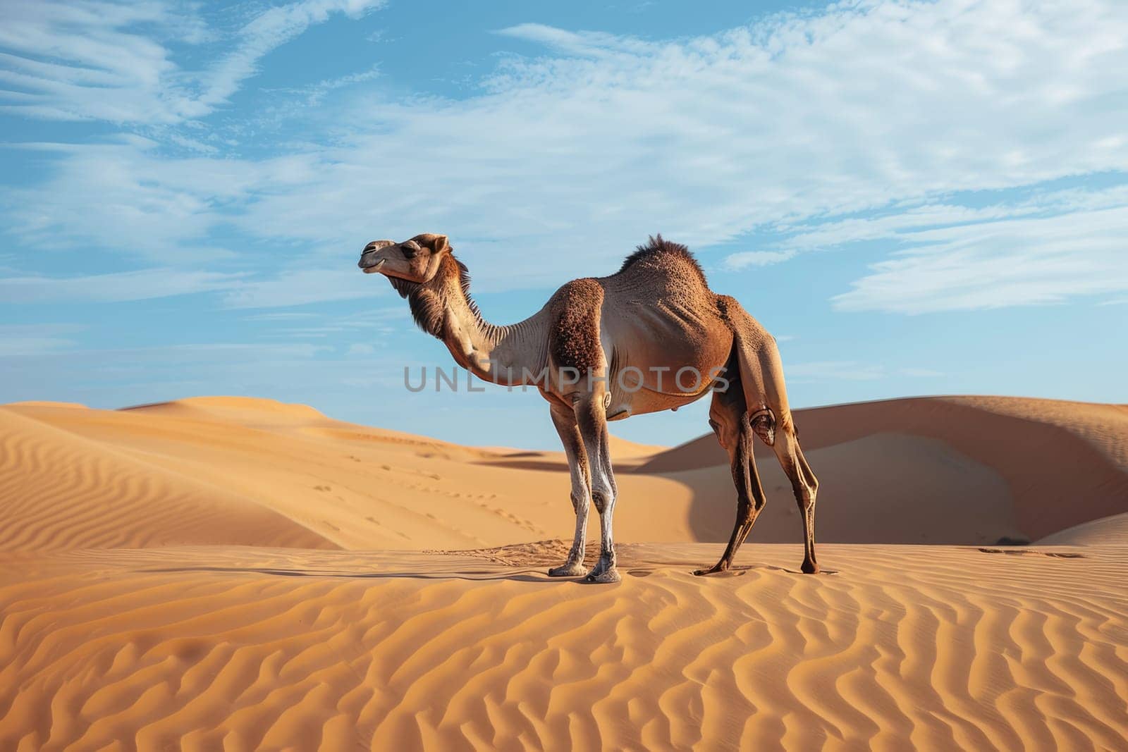 Single-humped camel in sand dunes in the desert. AI Generated.