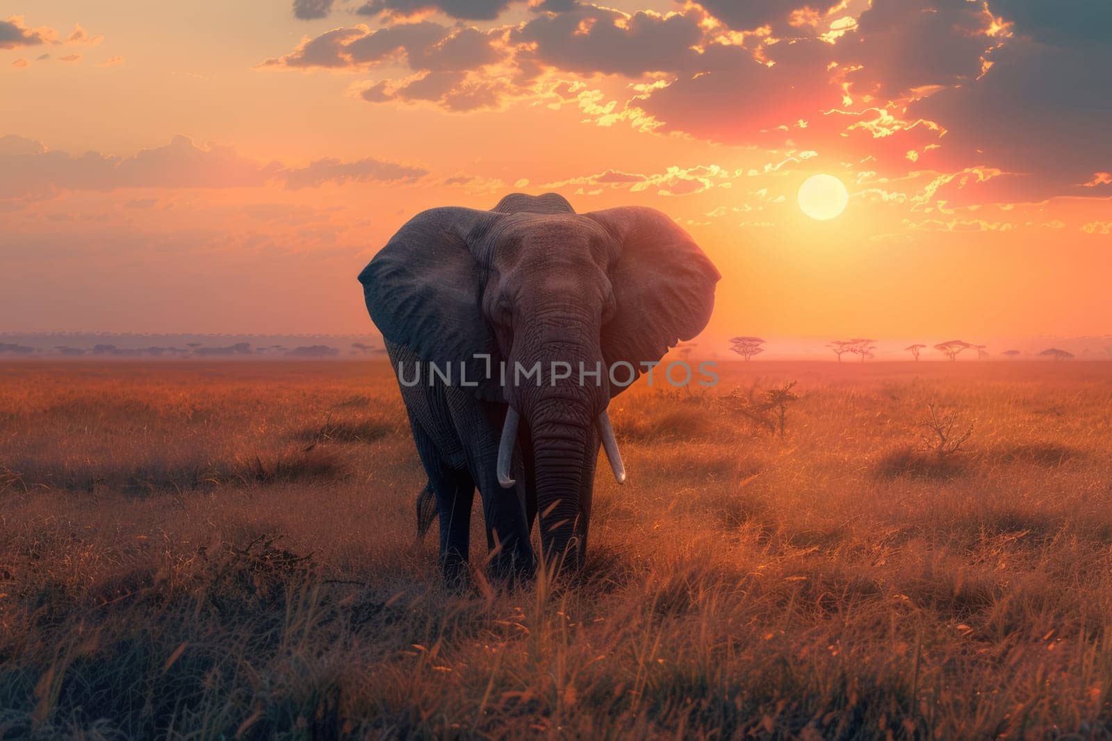 Elephant in grasslands in Africa at sunset. AI Generated.