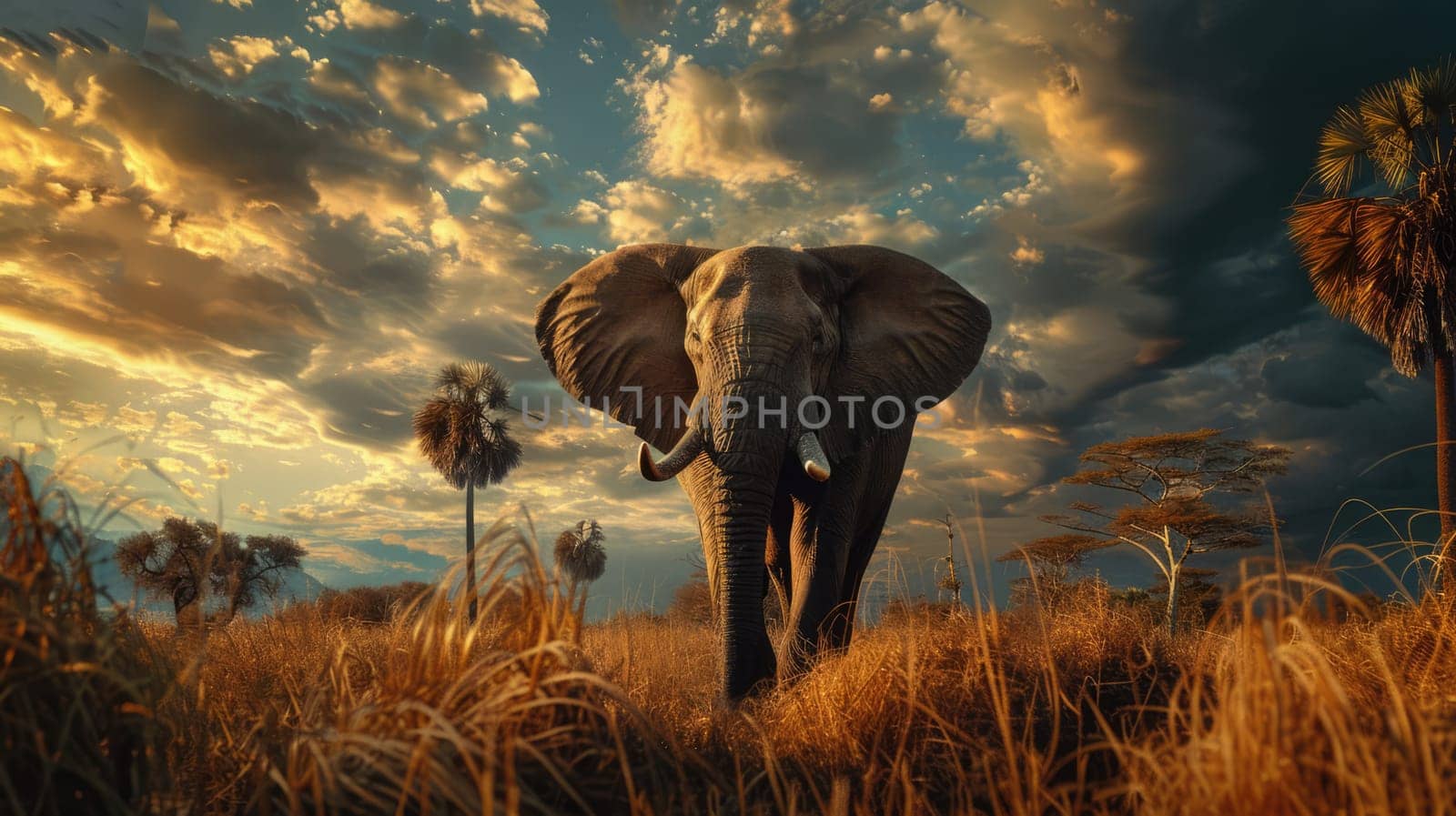 Elephant in grasslands in Africa. Low angle front view. AI Generated.
