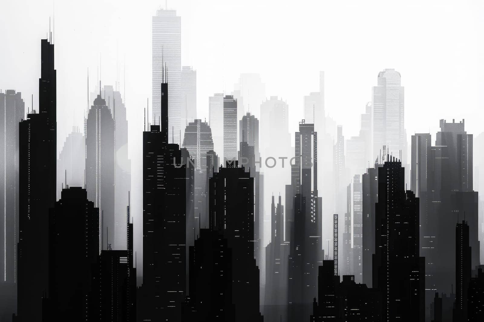 City landscape in flat black and white style. Silhouettes of skyscrapers. AI Generated.