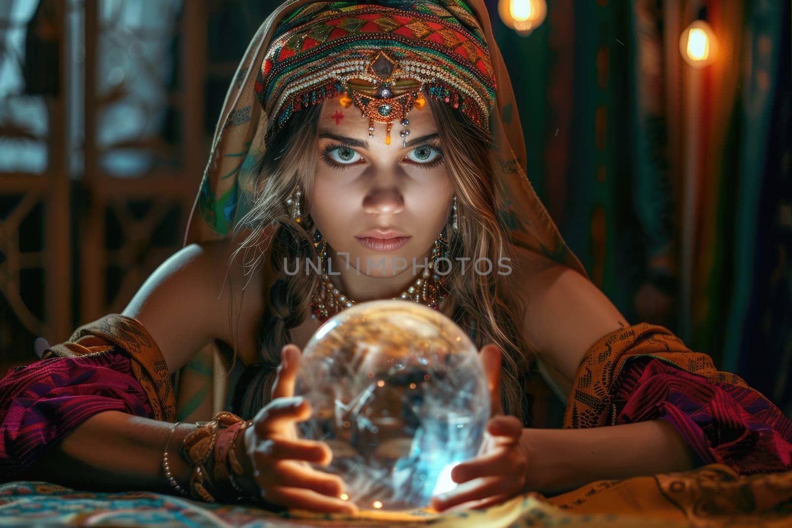 Mysterious gypsy female fortune teller guessing future at the table with magic crystal ball. AI Generated.