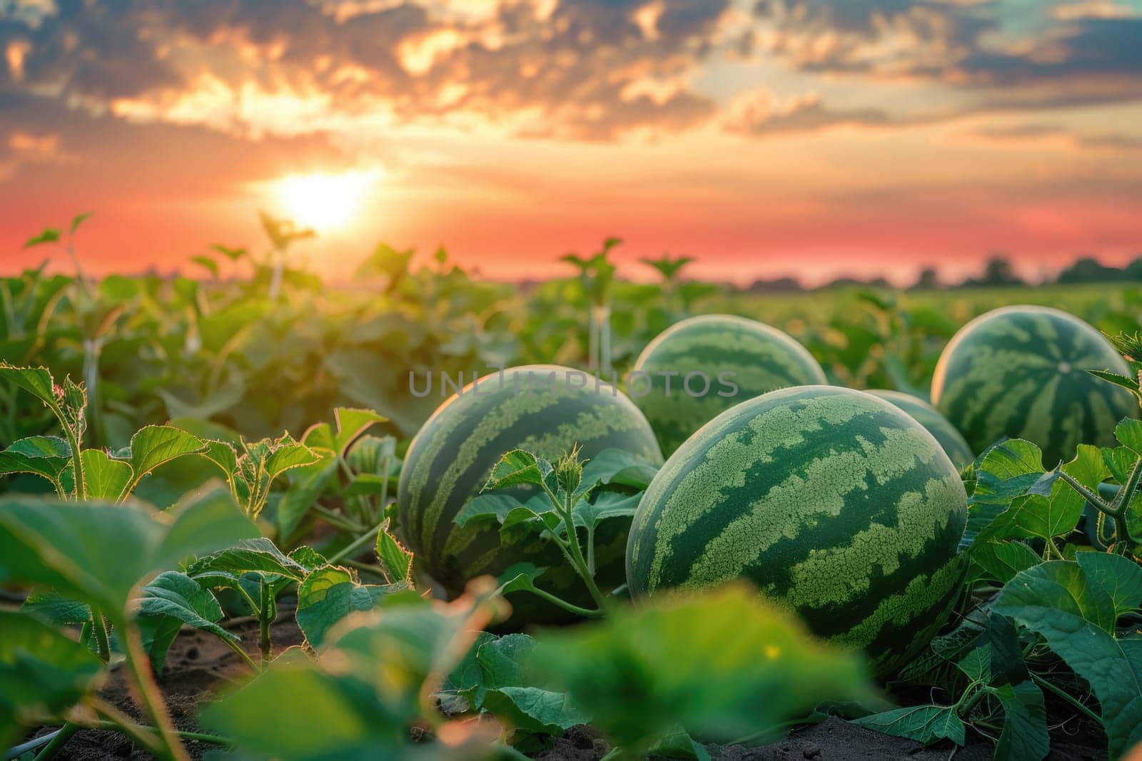 Watermelon field at golden hour sunset. Row of watermelons at fruit and berry farm. AI Generated.