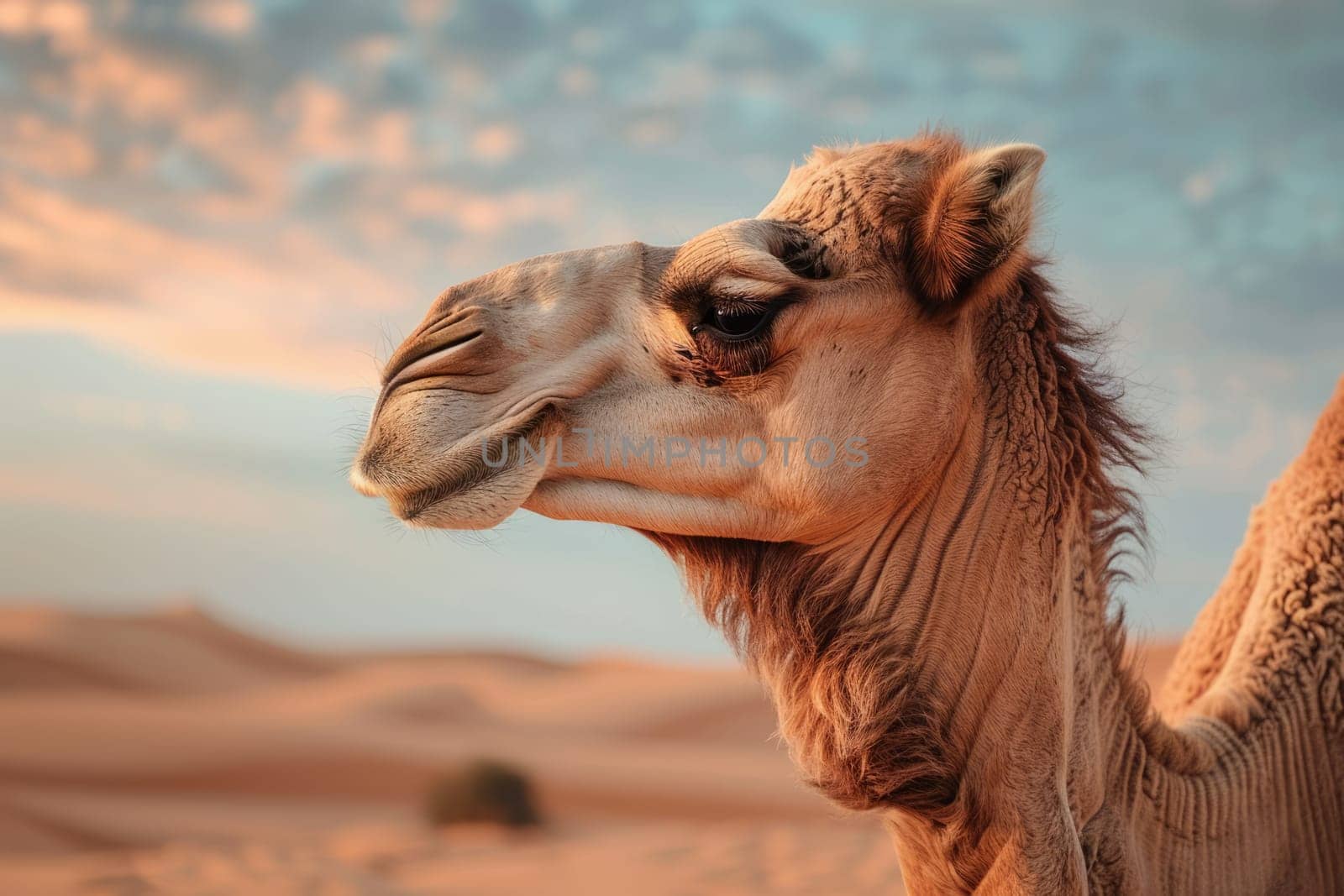 Camel in the desert portrait. AI Generated.
