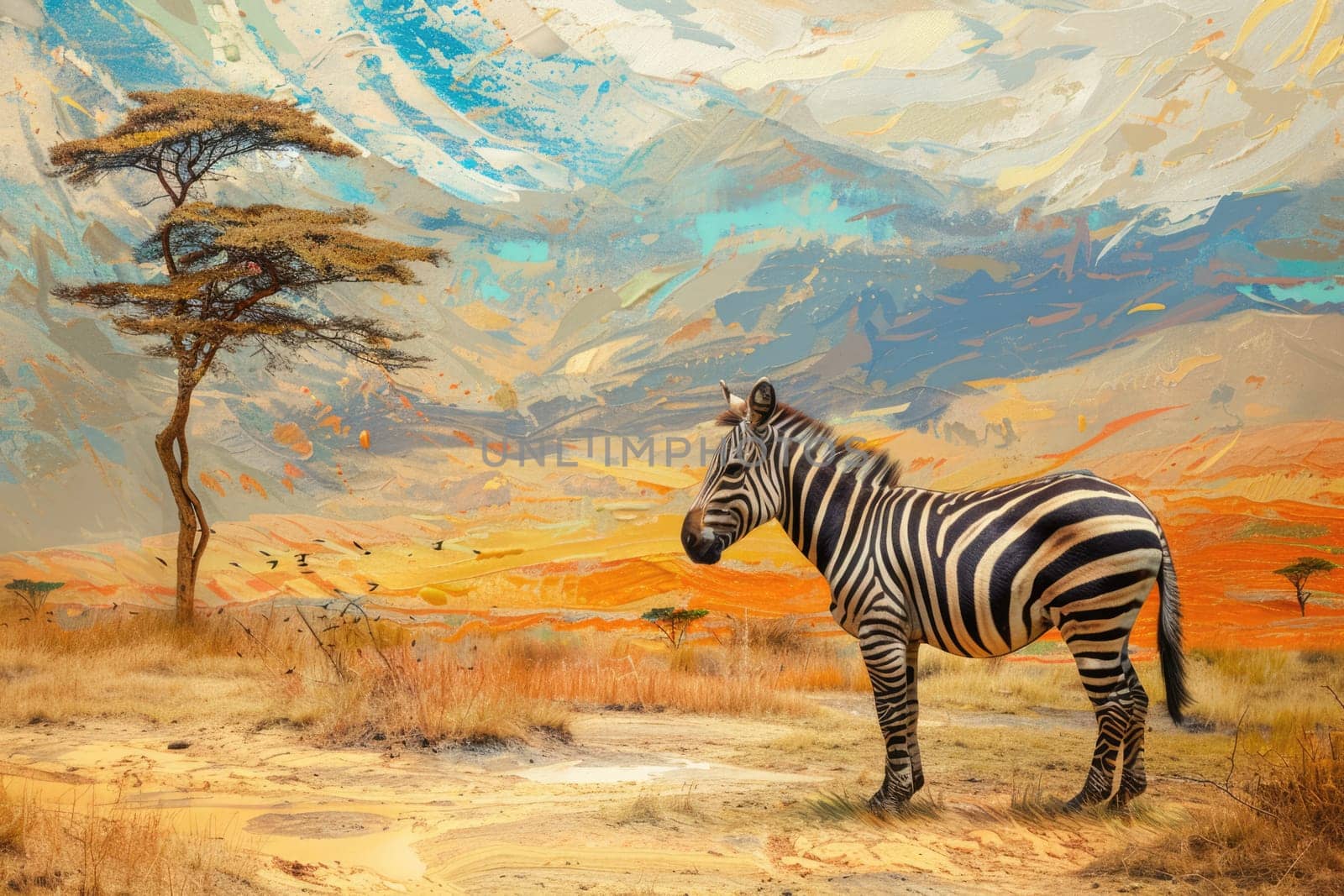 Zebra in the grassy nature habitat in savannah illustration. AI Generated.