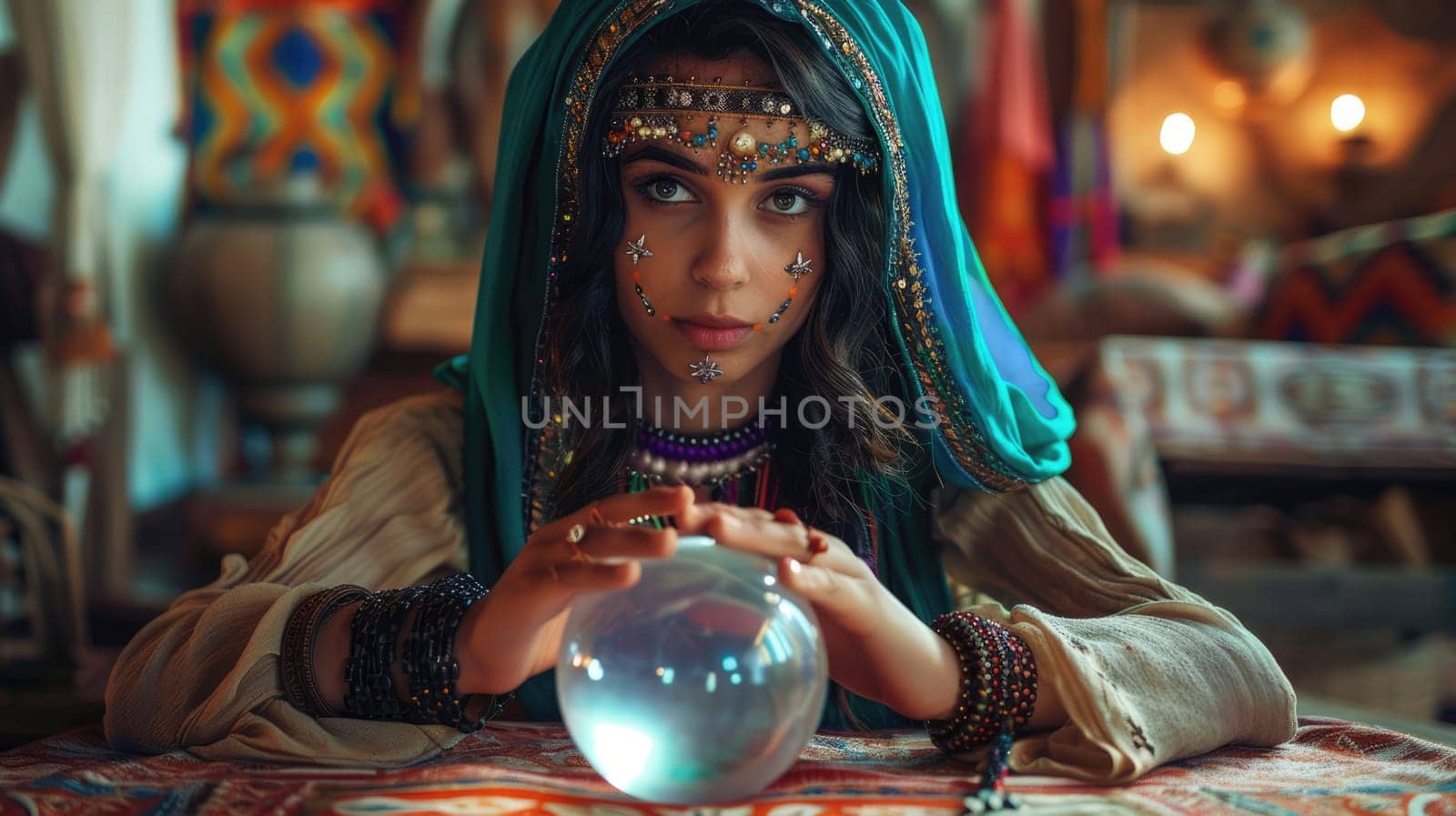 Gypsy female fortune teller guessing future using magic crystal ball. Mysterious atmosphere. AI Generated.