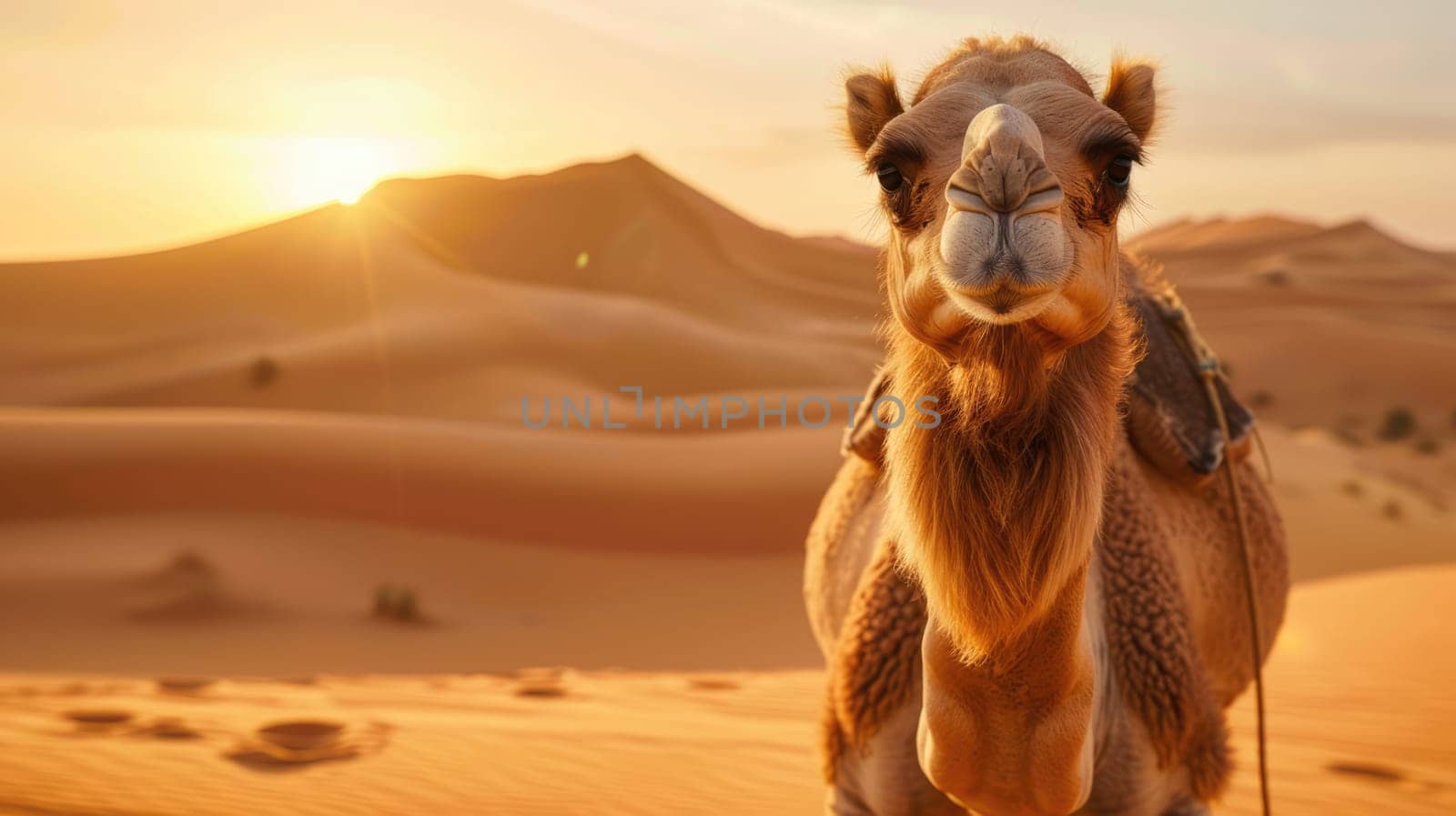Camel portrait in the desert at golden hour sunset. AI Generated.