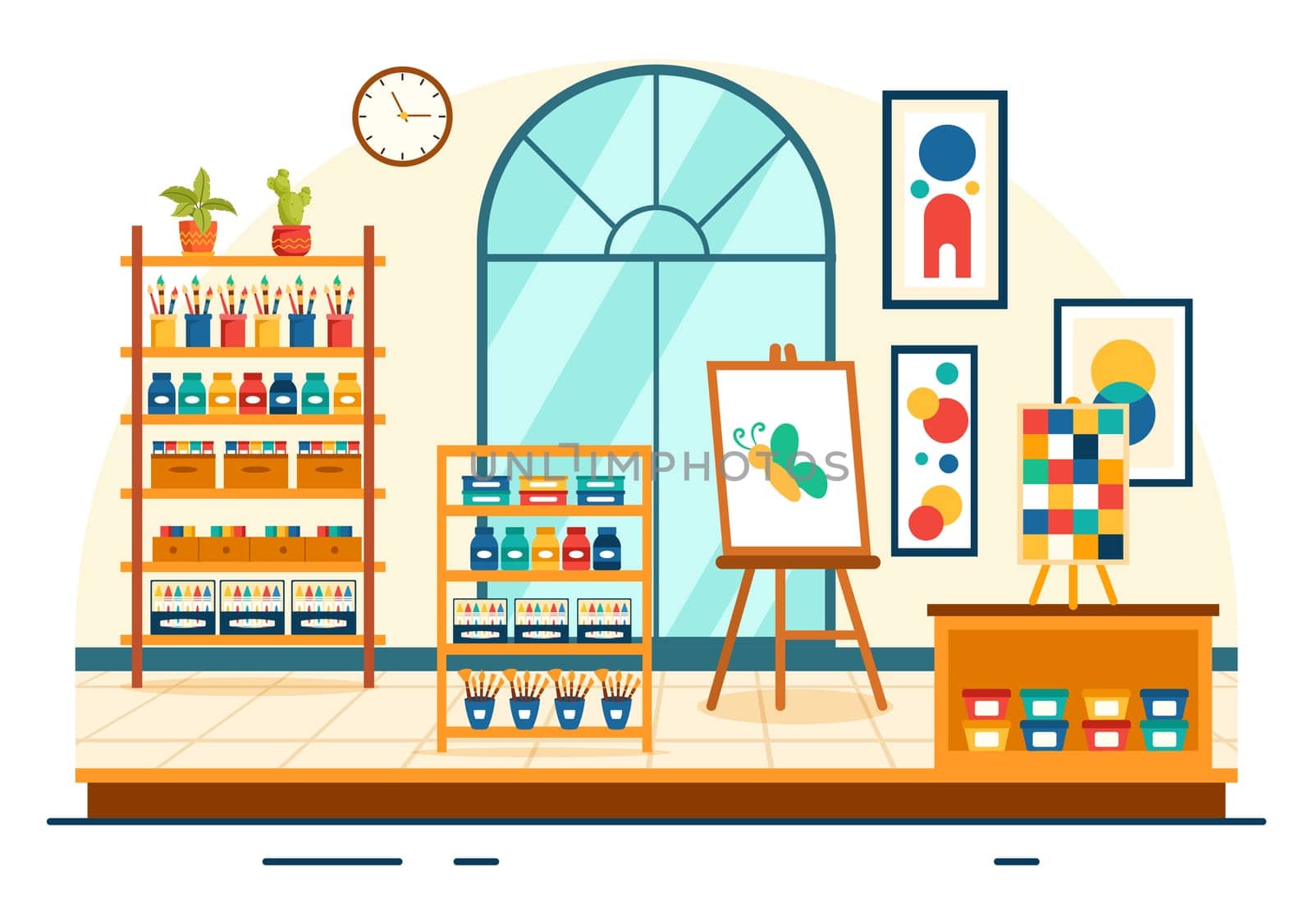 Art Store Vector Illustration with Painting Supplies Store Accessories and Tools for Drawing, Artists and Designers on Flat Cartoon Background