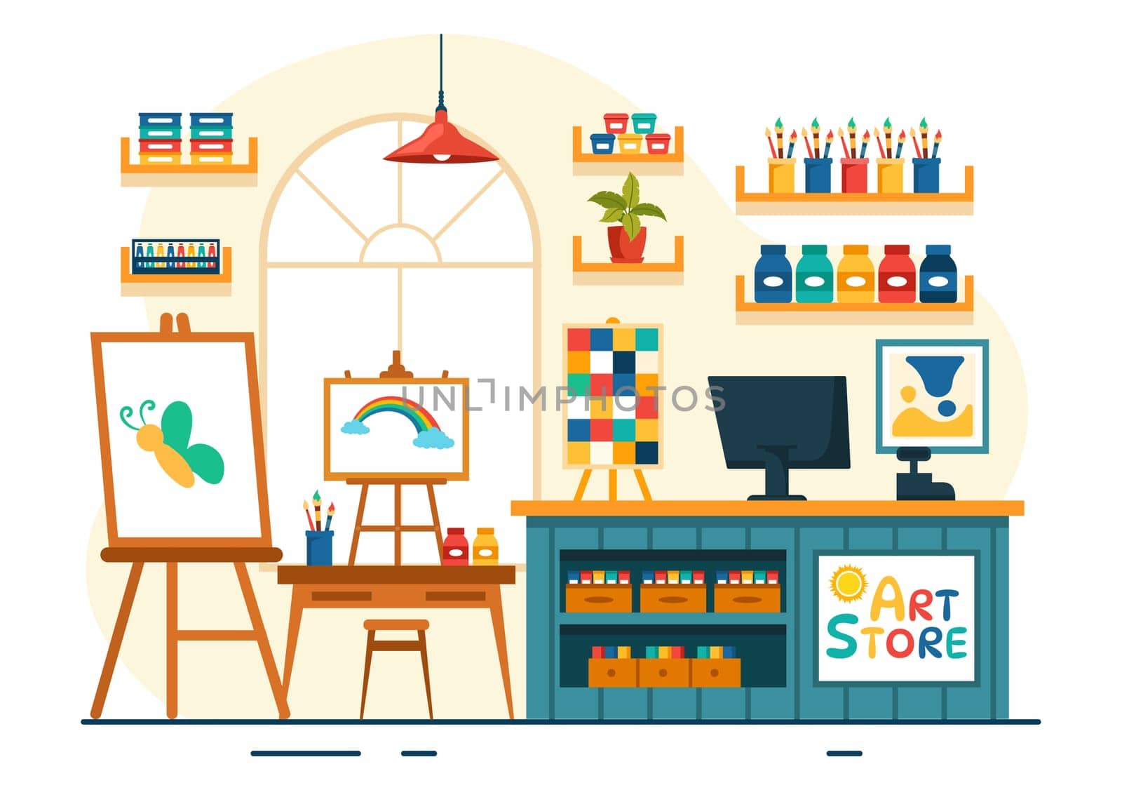 Art Store Vector Illustration with Painting Supplies Store Accessories and Tools for Drawing, Artists and Designers on Flat Cartoon Background