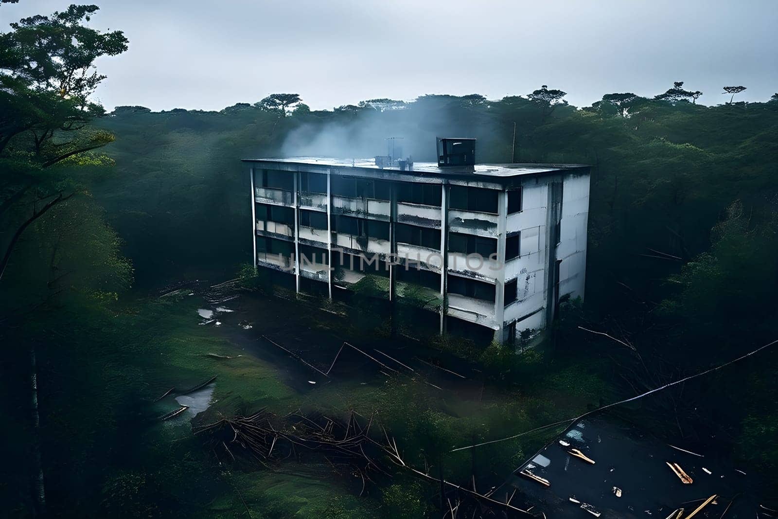 abandoned hospital exterior in aerial view