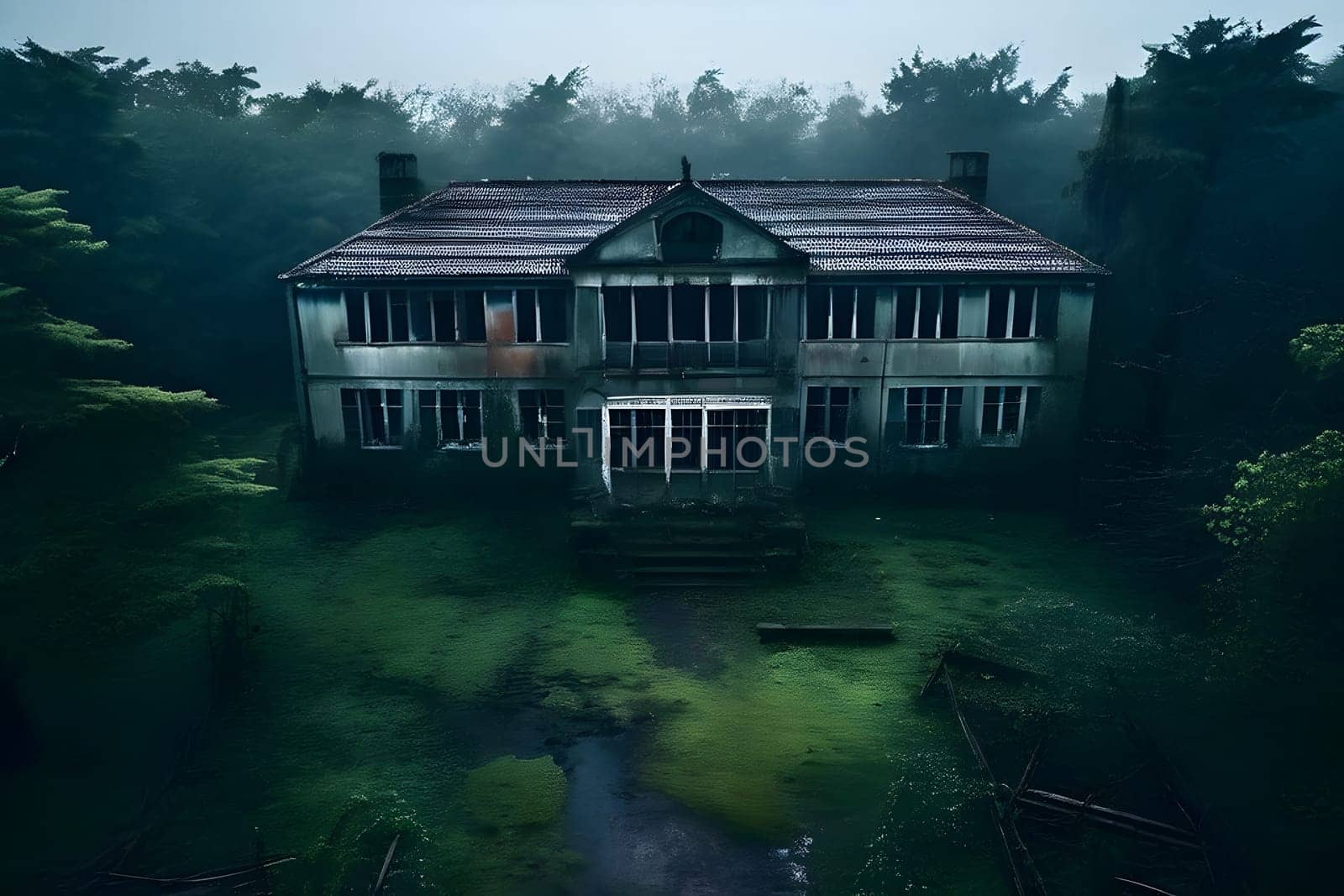 abandoned hospital exterior in aerial view