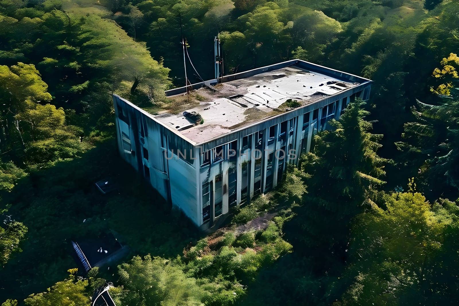 abandoned hospital exterior in aerial view