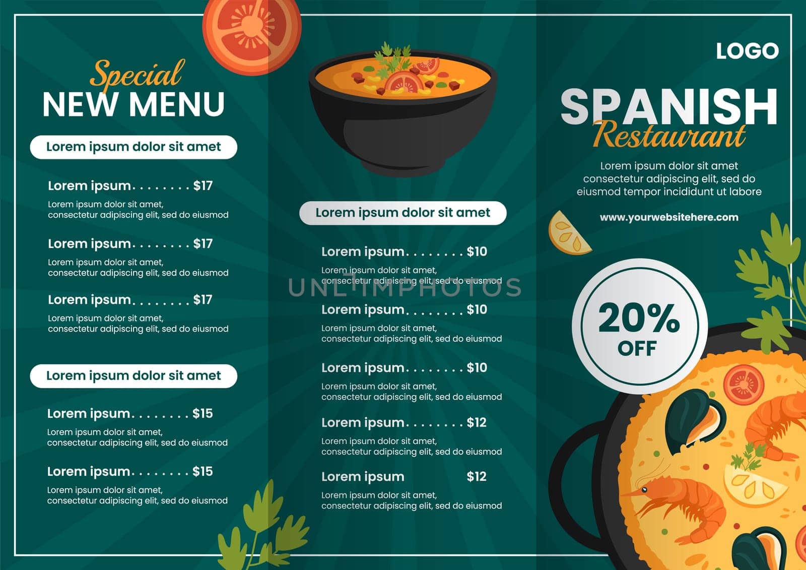 Spanish Restaurant Brochure Flat Cartoon Hand Drawn Templates Background Illustration