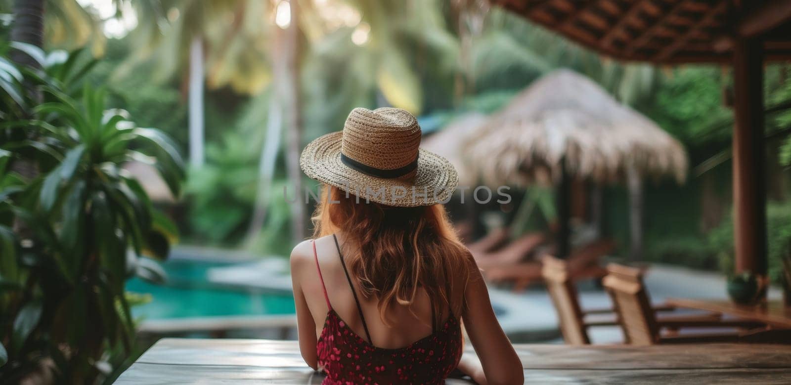 A woman in a hat sits by a serene pool, surrounded by lush greenery and a wooden structure