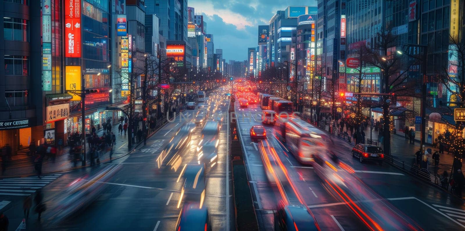 Long exposure of a city's evening rush, with streams of headlights and tail lights weaving through skyscrapers