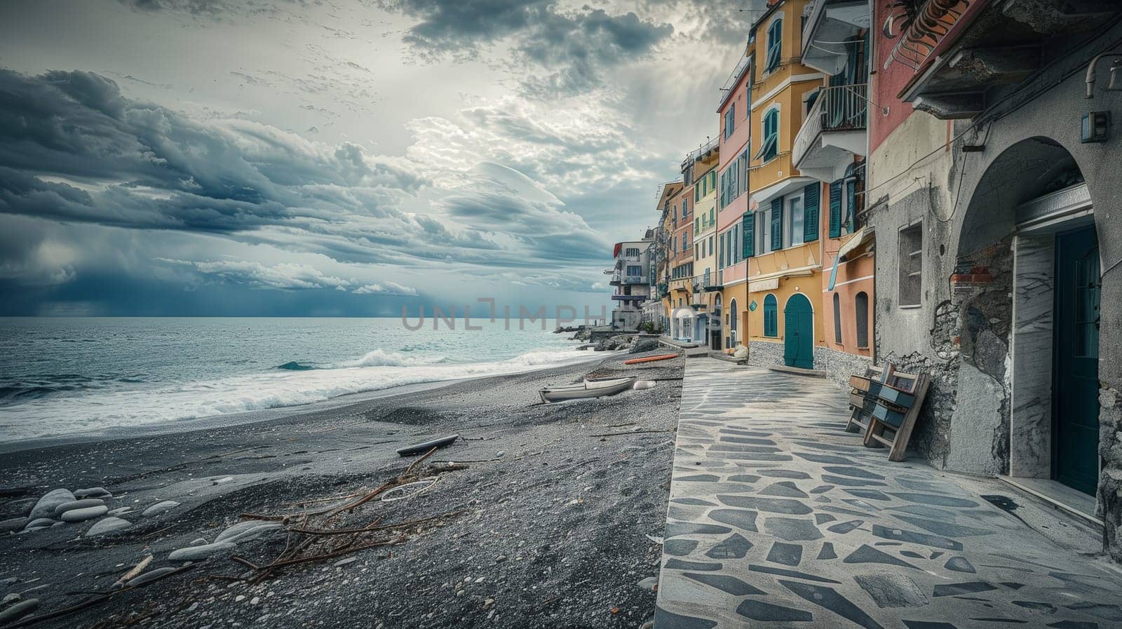 Immerse yourself in the serene beauty of Bogliasco's fishing town beach captured in this captivating photograph. Shot at eye level, the deep focus highlights the tranquil coastal serenity and cinematic allure of the seaside.