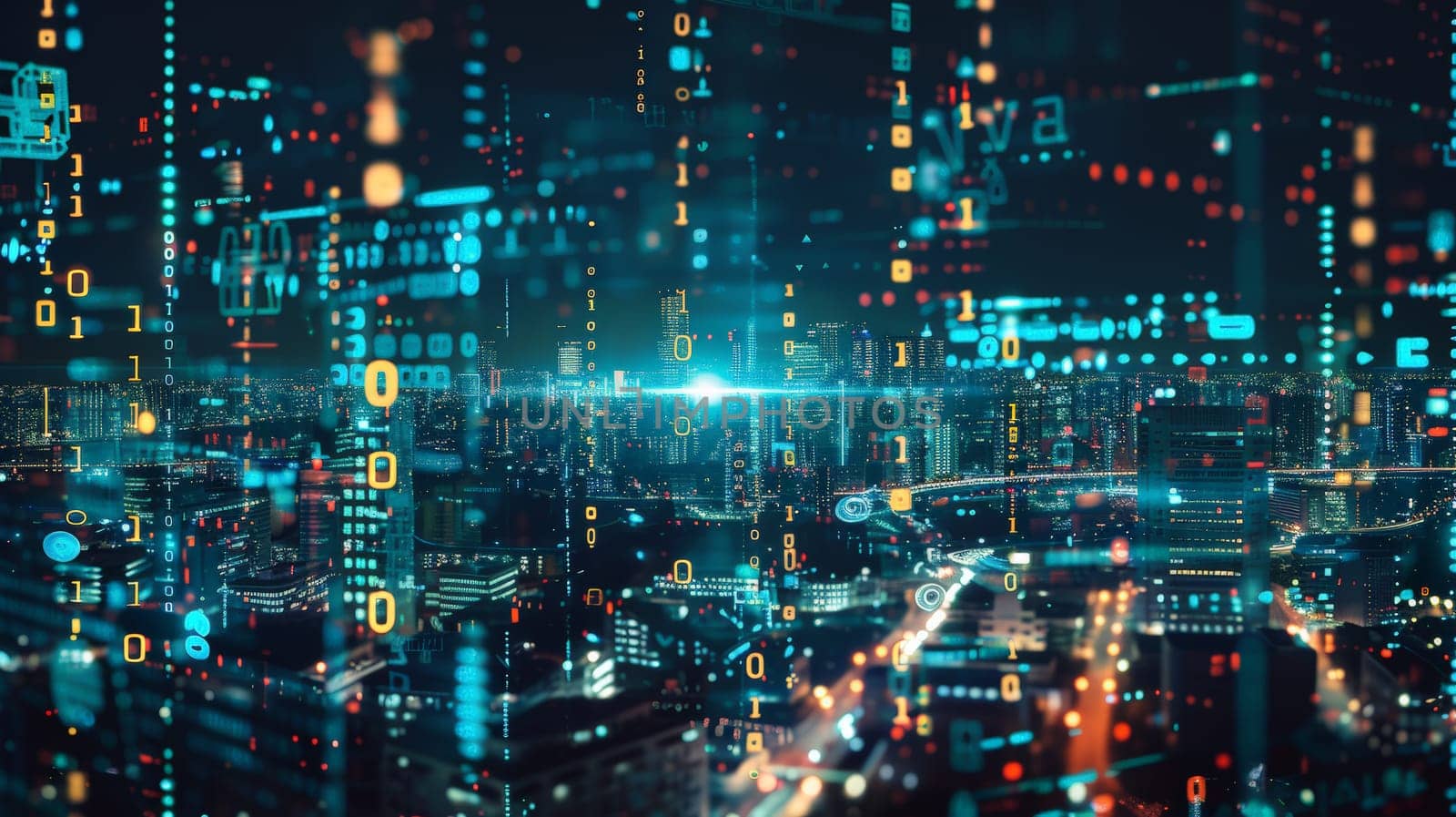 A mesmerizing double exposure combines the intricate web of binary code and data streams with the bustling landscapes of futuristic cityscapes and urban environments. Set against a dark background, this dynamic composition evokes a visionary perspective and is captured in high quality.