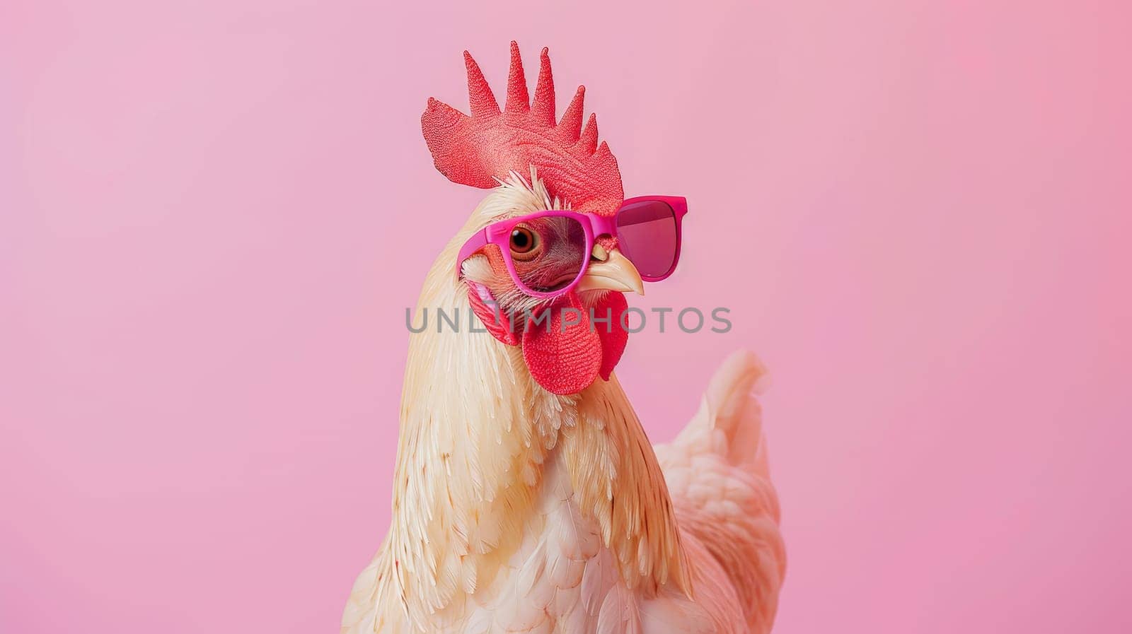 Experience the whimsical world of poultry fashion with this creative animal concept featuring a chicken hen sporting stylish sunglasses. Against a solid pastel background, this image blends humor with surrealism, offering a unique and eye-catching visual for commercial and editorial advertisements. Let this sassy hen add a touch of fun to your marketing campaigns!