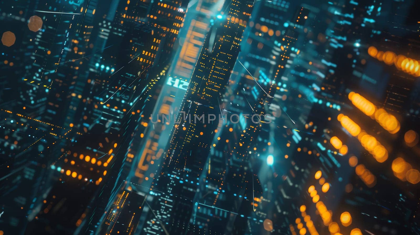 A mesmerizing double exposure combines the intricate web of binary code and data streams with the bustling landscapes of futuristic cityscapes and urban environments. Set against a dark background, this dynamic composition evokes a visionary perspective and is captured in high quality.