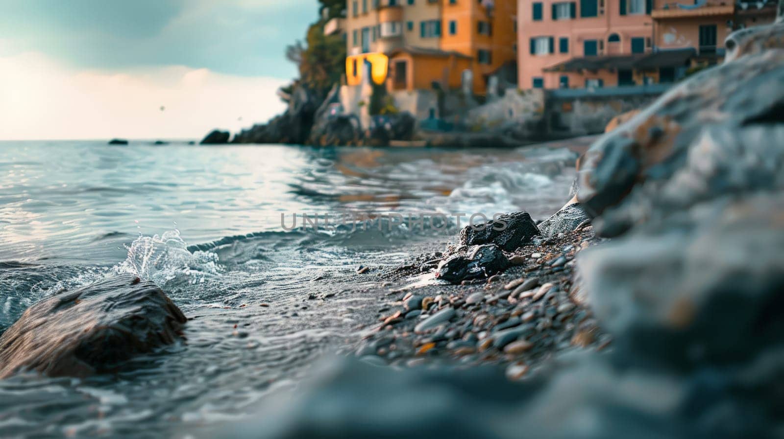 Immerse yourself in the serene beauty of Bogliasco's fishing town beach captured in this captivating photograph. Shot at eye level, the deep focus highlights the tranquil coastal serenity and cinematic allure of the seaside.
